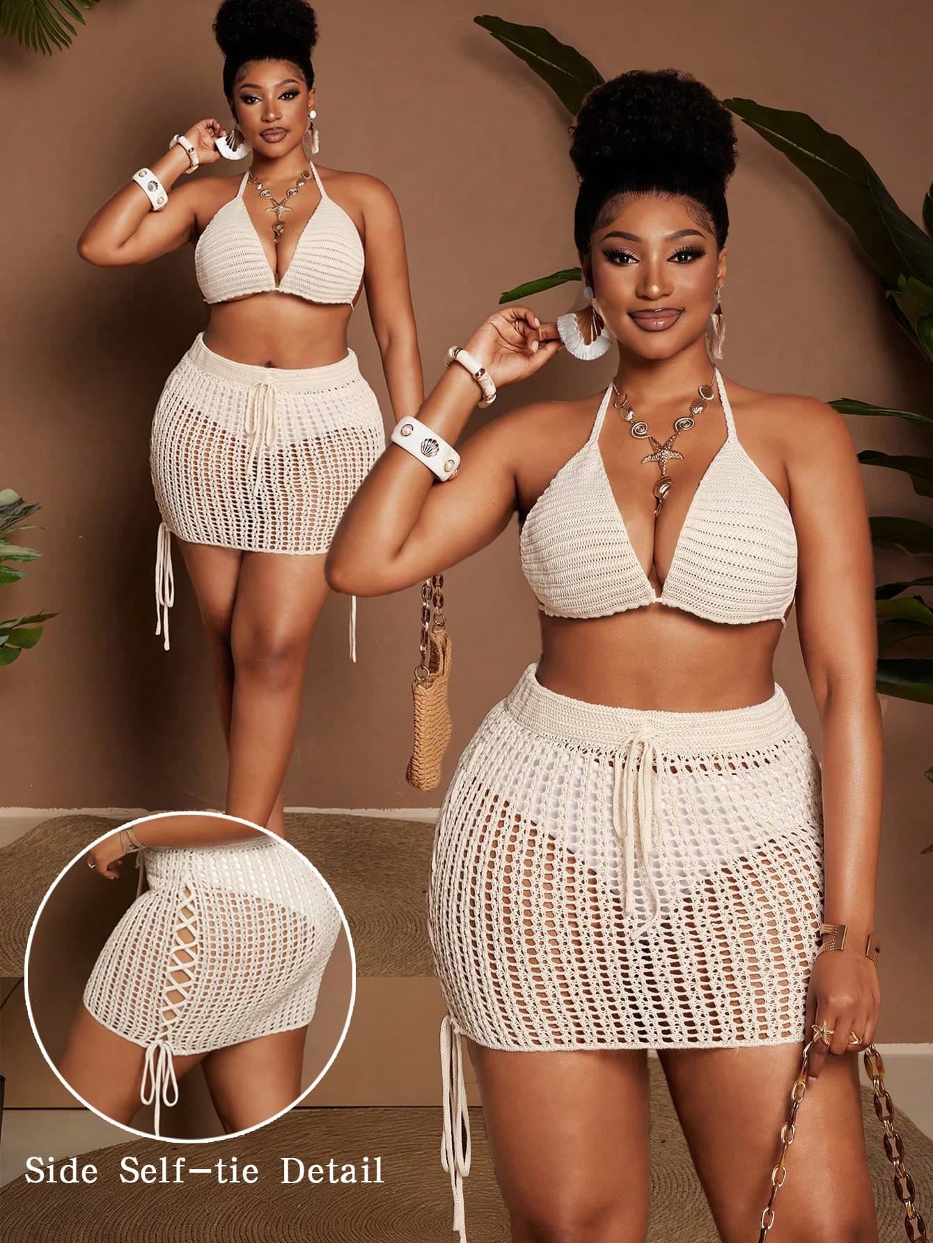 Maweii Women's Plus Size Crochet Two-Piece Set,Beige Summer Boho Vacation Holiday Backless Halter Neck Bra & Drawstring Mini Skirt Cover-Up