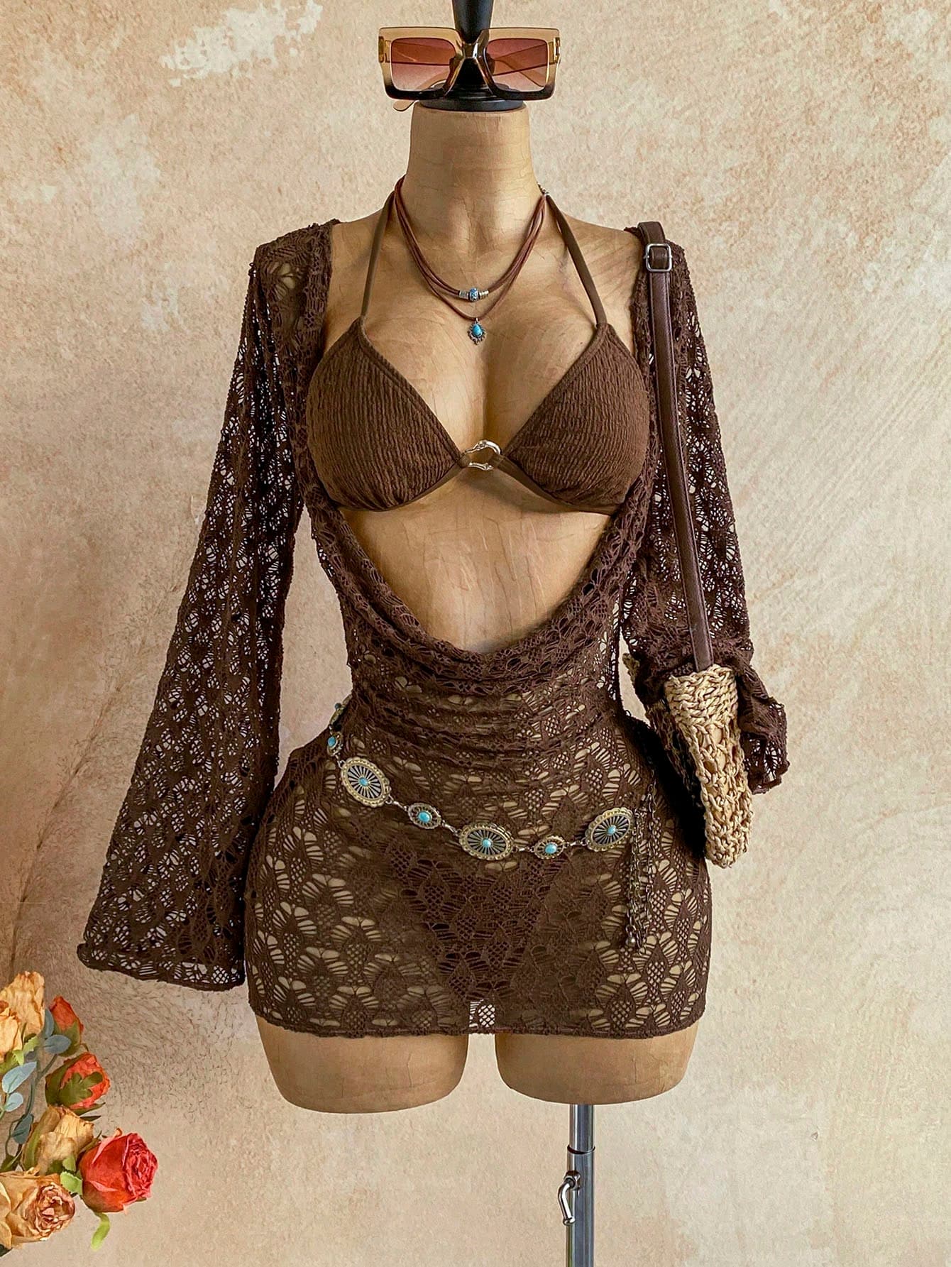 Soleia 3pcs Women's Sexy Bikini Set, Khaki Mesh Cover-Up Dress, Fashionable Swimwear Summer Beach Vacation Bathing Suit
