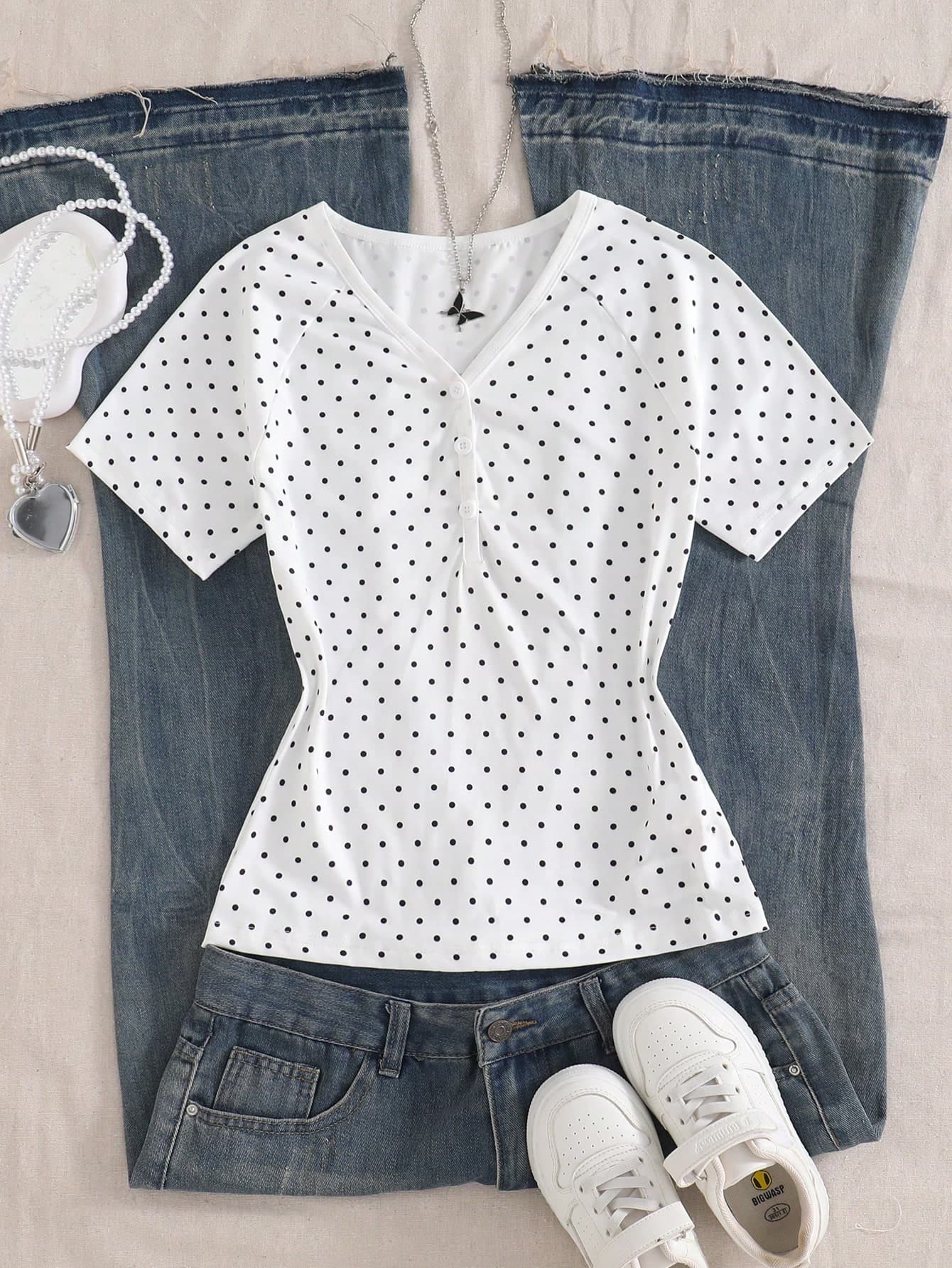 SHEIN Elladie kids Teen Girl Casual Polka Dot Print Short Sleeve T-Shirt, Summer