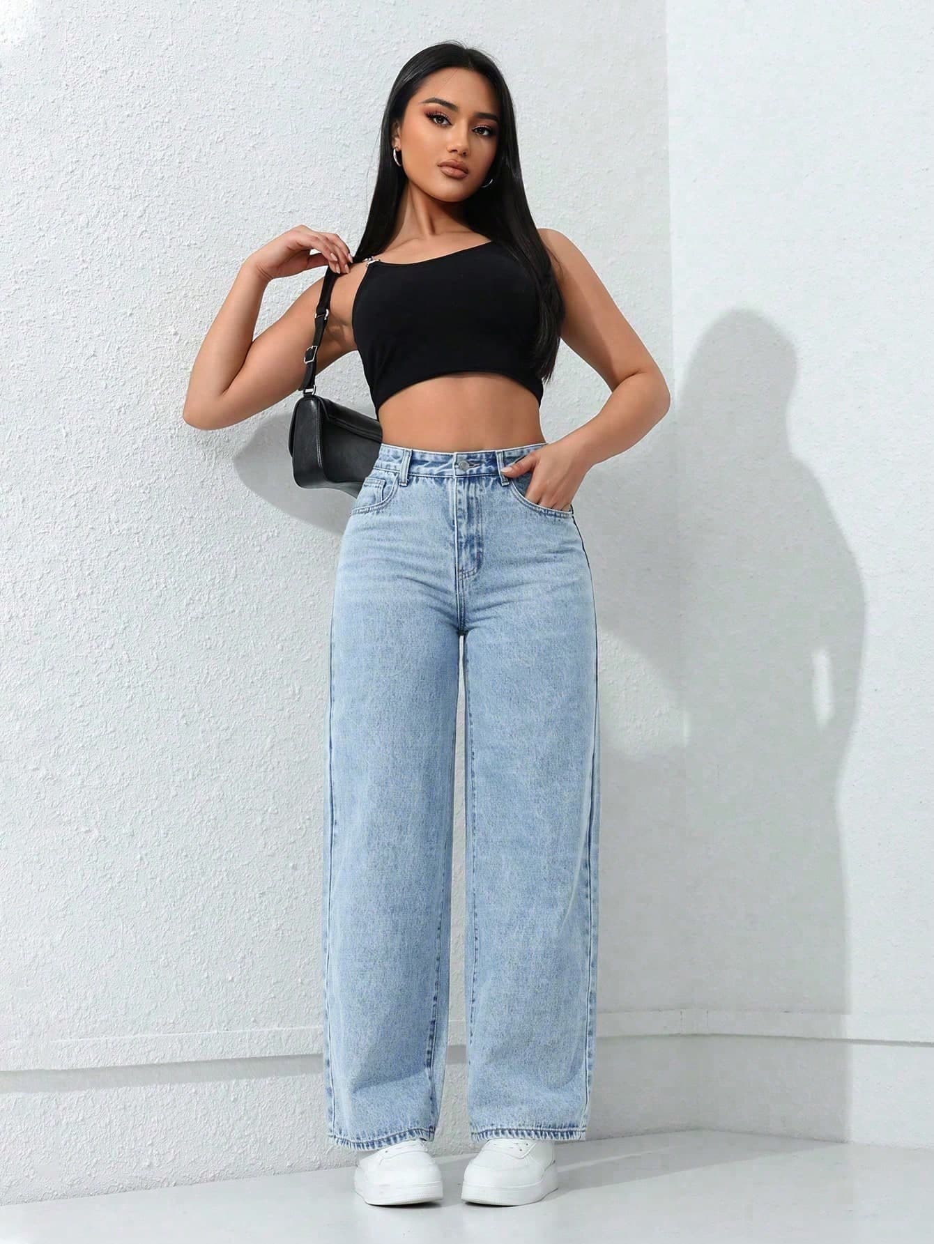 SHEIN Tall Women's Casual Washed Solid Color Denim Jeans, Spring/Summer, Tall Women Everyday Light Blue