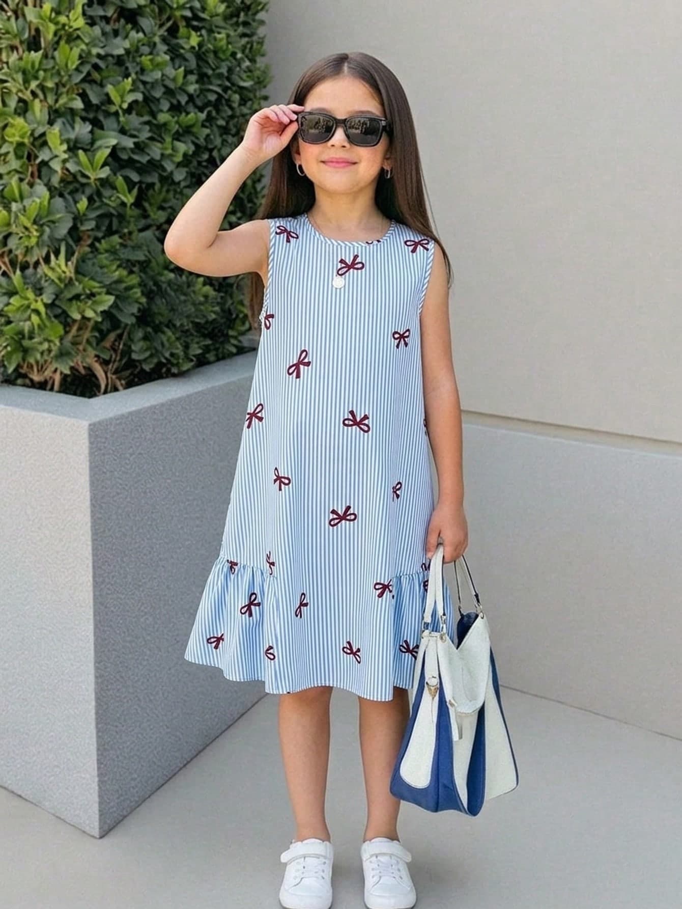 SHEIN Tween Girls Ditsy Floral Waist Cinched Casual Dress, Fashionable Versatile Vacation & Photo Shoot Outfit,Kids