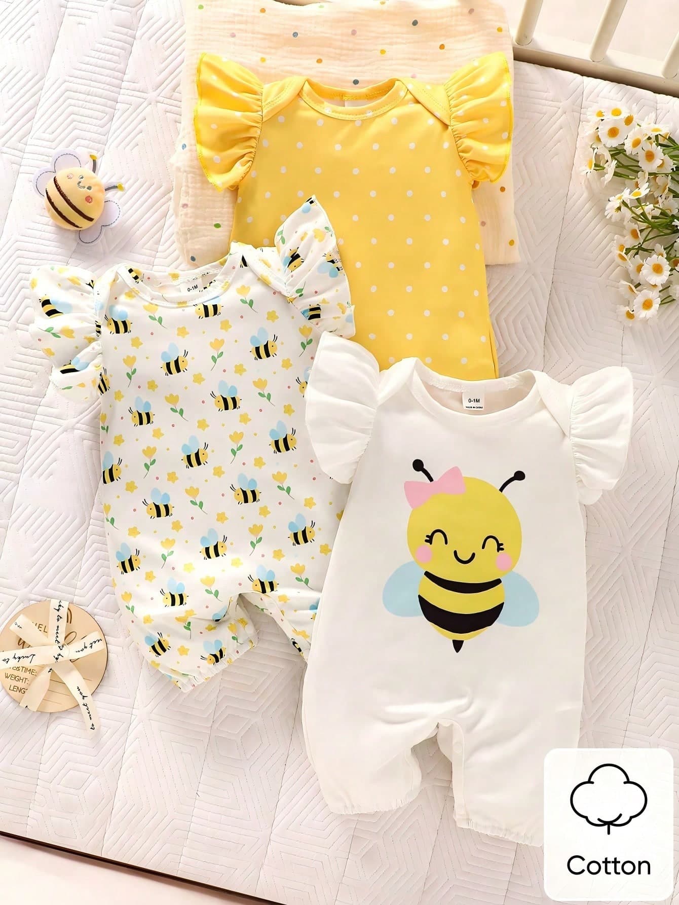 SHEIN 3-Piece Summer Newborn Baby Girl Sleeveless Ruffled White & Yellow Cartoon Bee Polka Dot Print Romper Set Cute Gender Neutral Family Matching