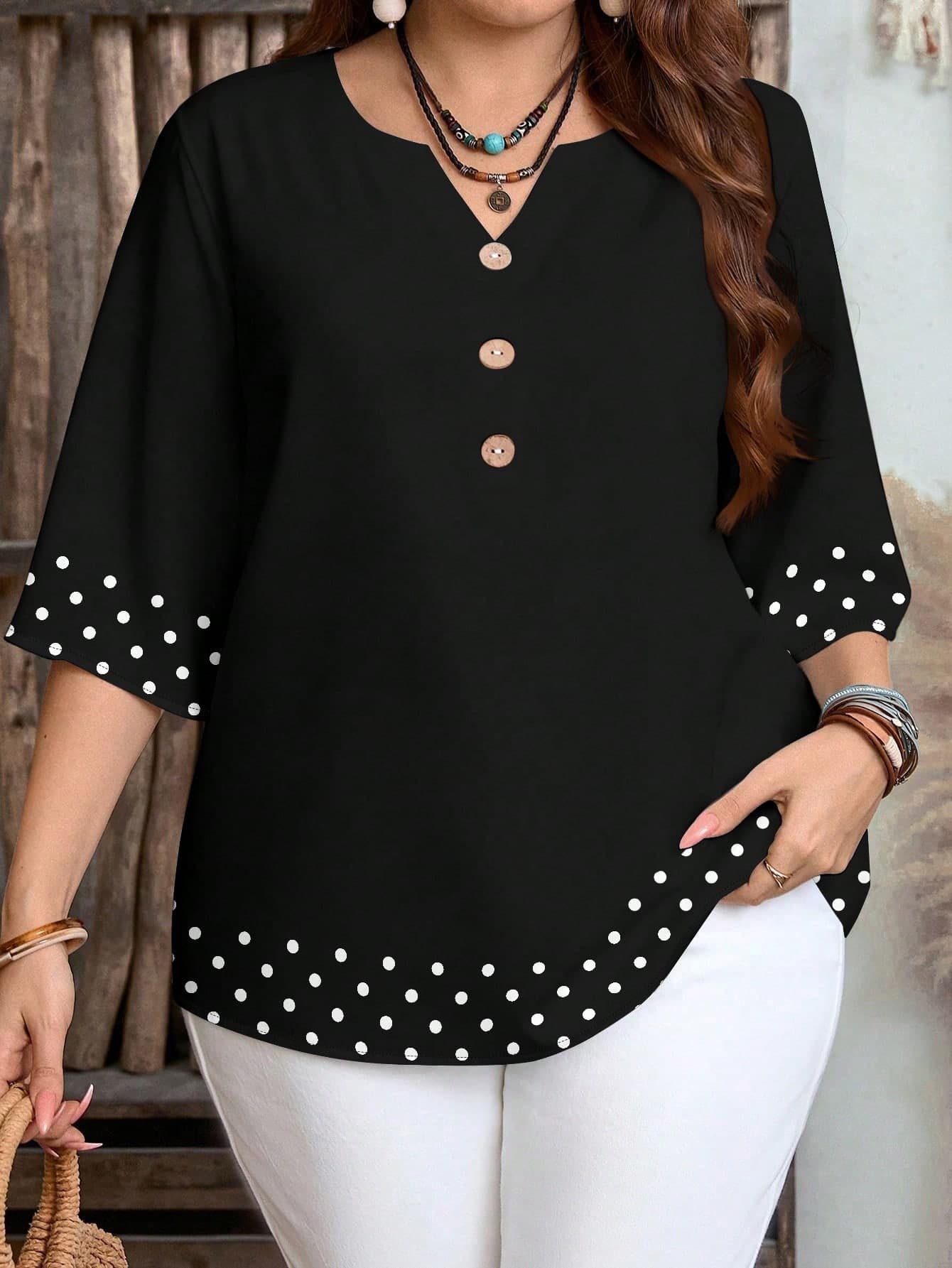 SHEIN LUNE Retro Polka Dot Patchwork Print Casual Loose Shirt, Suitable For Summer