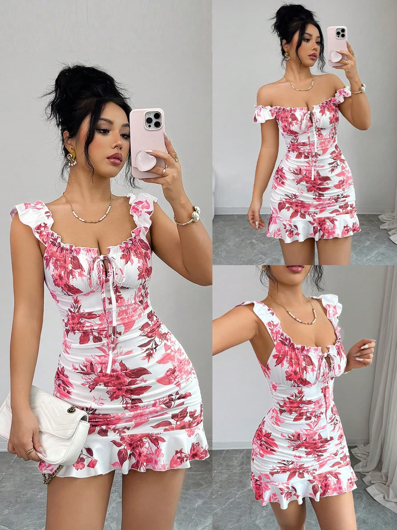 Selianne Vintage Ditsy Floral Off-Shoulder Ruffle Hem Cami Dress,White And Pink Summer Seductive Holiday Vacation Fitted A-Line Mini French Backless Bodycon