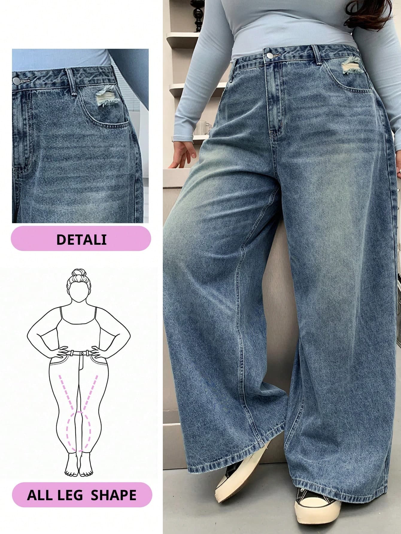 Dazy Plus Plus Size Women Washed Distressed Wide Leg Boyfriend Jeans,Baggy Jeans,Back To School Clothes