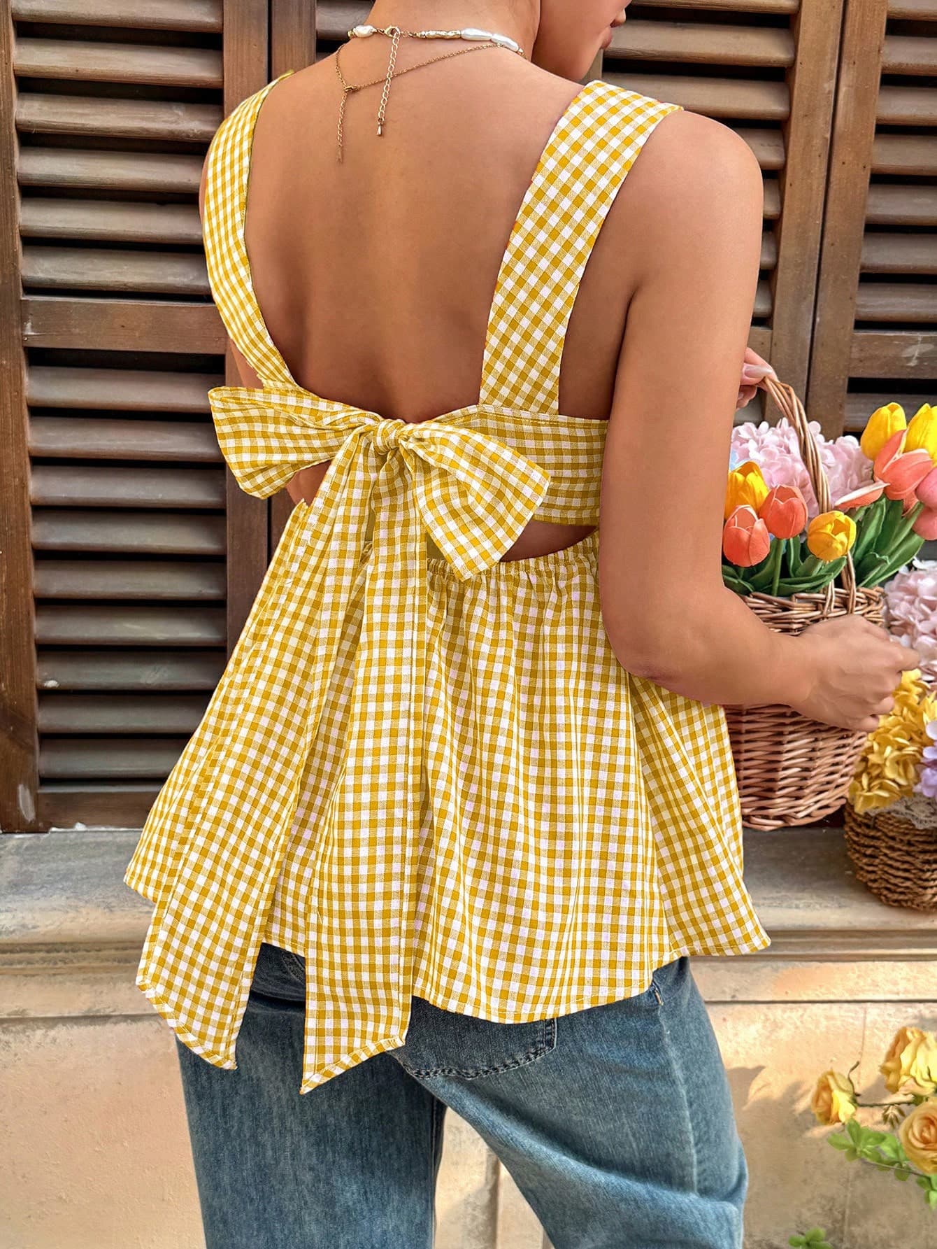 SHEIN Maternity Summer Casual Plaid Tie-Back Shirt Beach