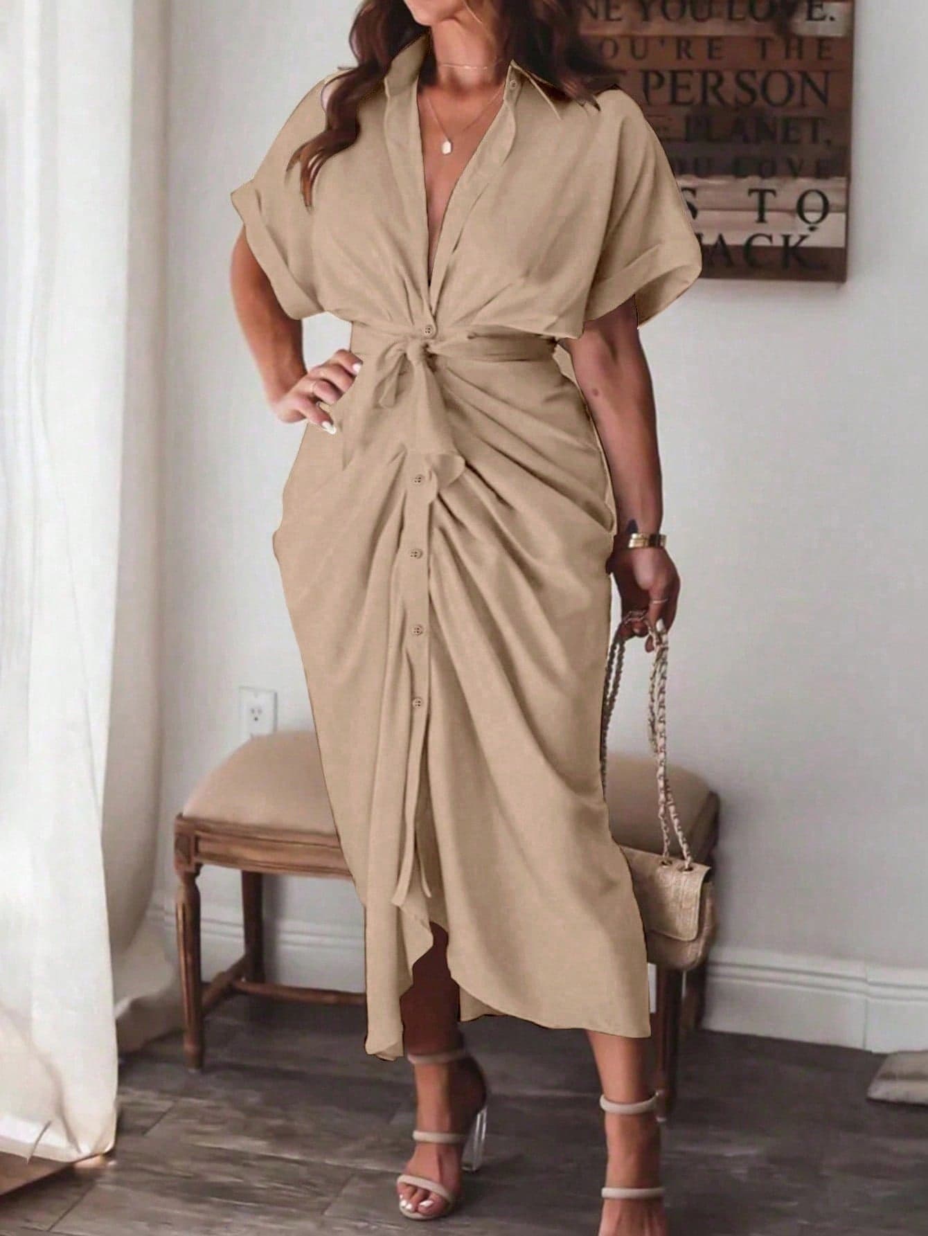 Vionelle Brown Elegant Work Gym Vacation Formal Office Solid Color Pleat Hem Shirt Dress Maxi Women Outfit Wrap Around Ladies Plus Size Resort Wear Summer