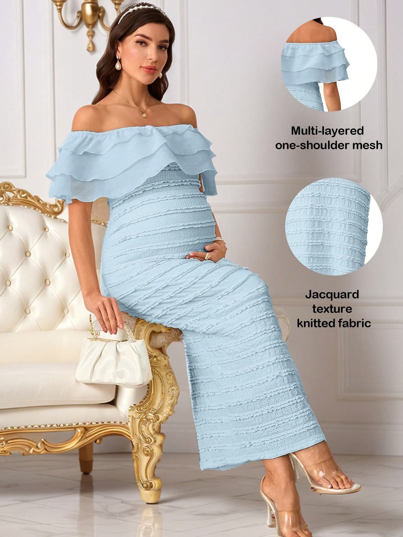 SHEIN Maternity Off-Shoulder Ruffle Trim Textured Fabric Long Dress For Summer