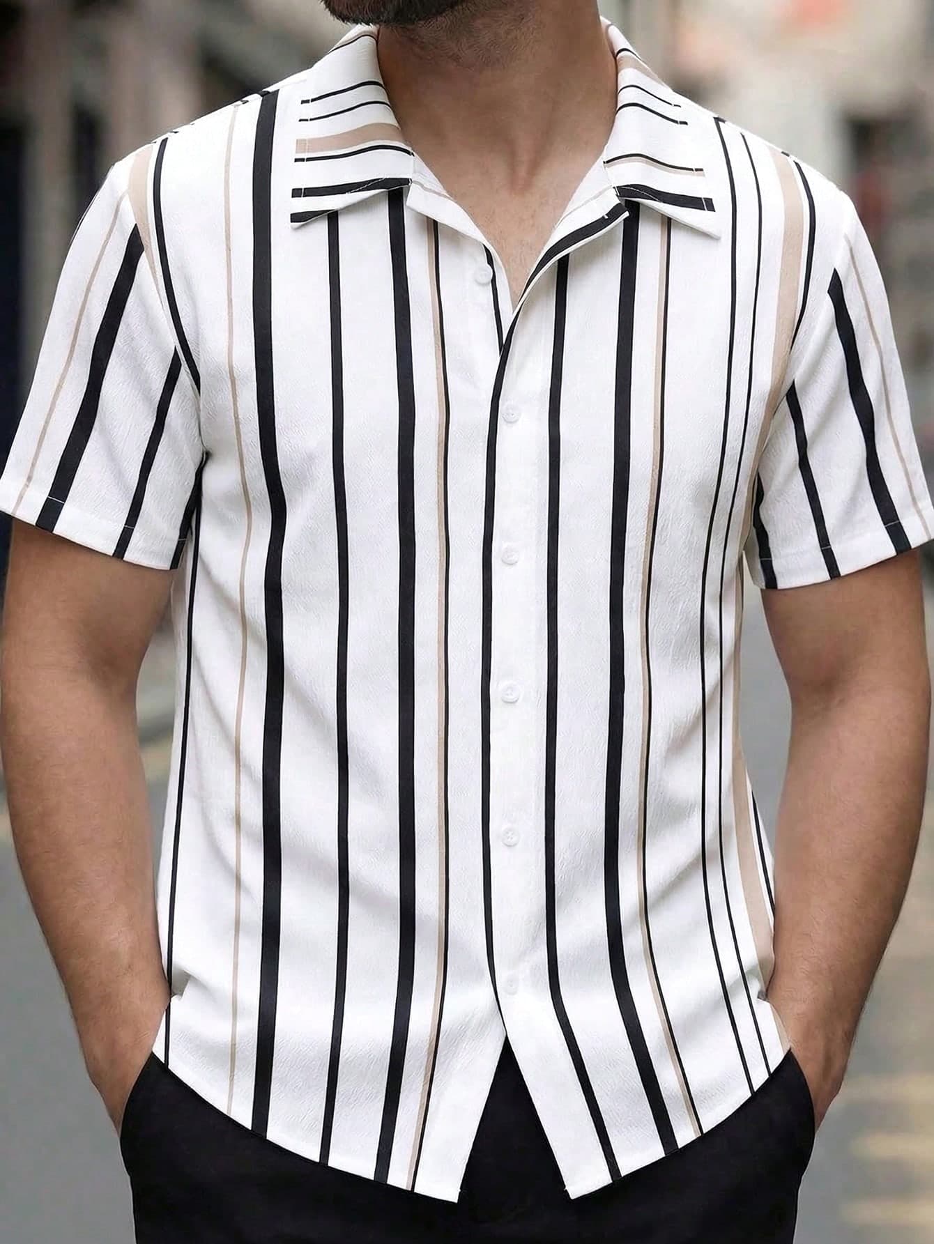 1pc Summer White Casual Striped Short Sleeve Shirt,Loose Fit Classic Collared Design,Versatile Vertical Stripe,Comfortable Breathable Top For Youth