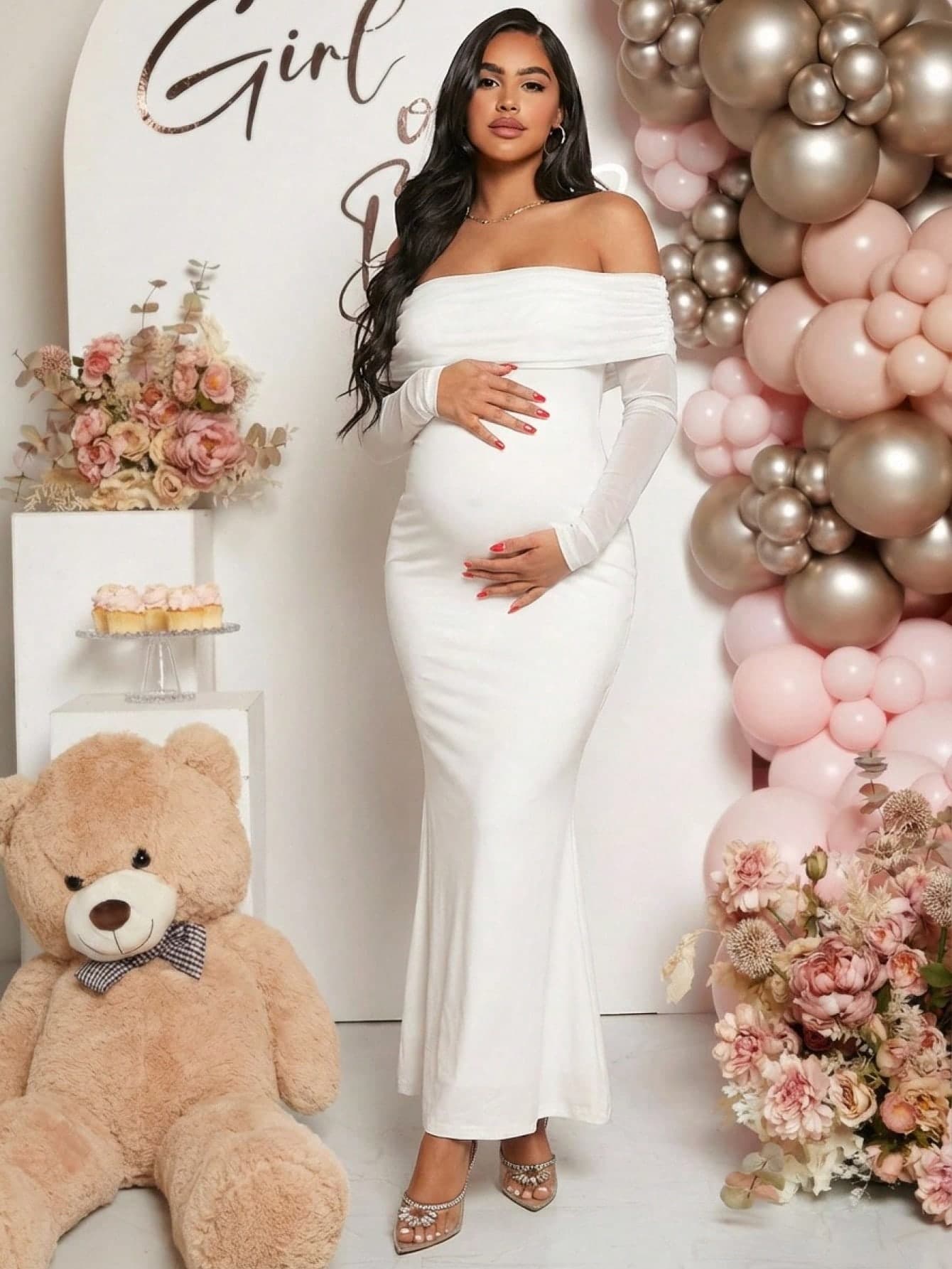 Loomaby Maternity Solid Color Off-Shoulder Dress, Baby Shower Fall
