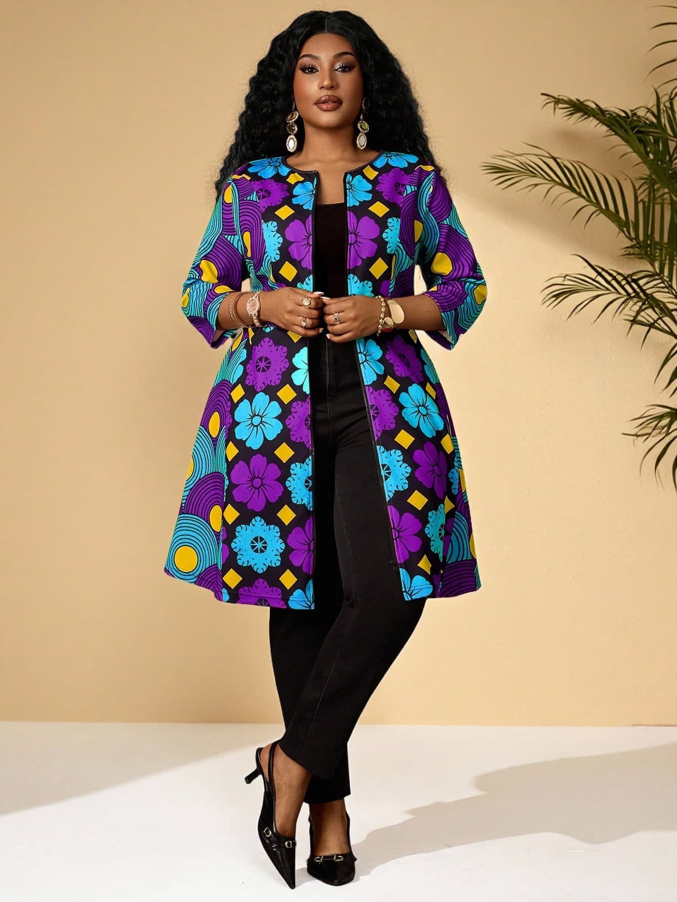 EMERY ROSE Plus Size Women Floral Print Casual Versatile Daily Wear Long Sleeve Coat Fall