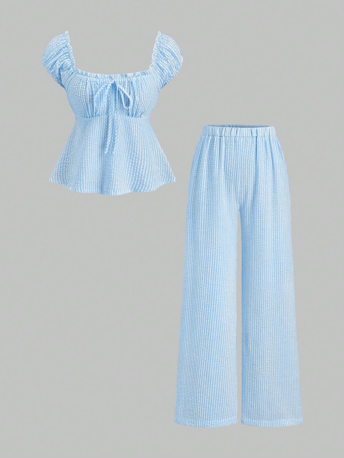 Sweetra Spring/Summer Fashion Outfit, French Sweet Puff Sleeve Striped Blouse & Loose Straight Leg Pants Women 2 Pieces Set
