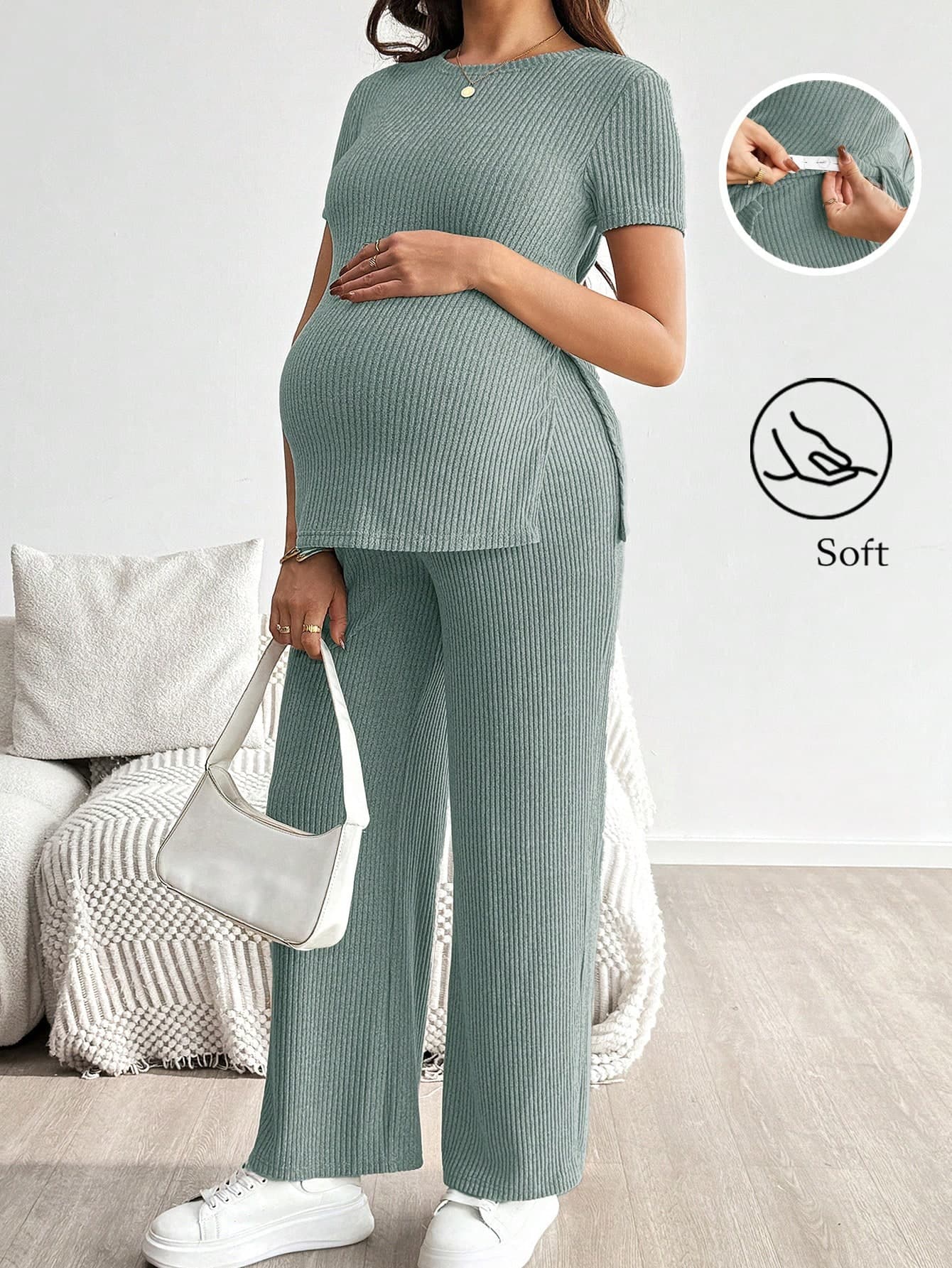 SHEIN 2pcs Maternity Casual Solid Color Side Slit Short Sleeve Top And Pants Set, Summer World Cup