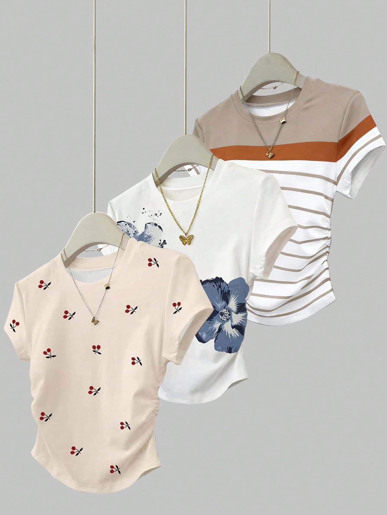 SHEIN 3pcs/Set Women's Summer New Fruit Cherry Graphic Floral & Striped Pattern T-Shirts