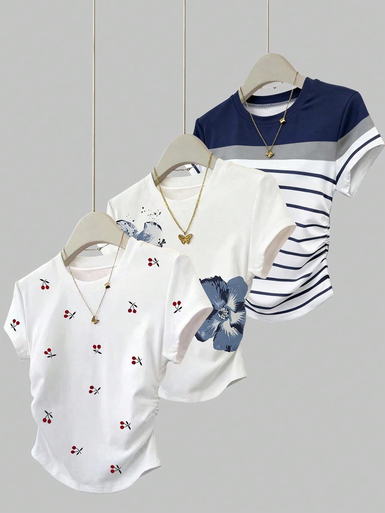 SHEIN 3pcs/Set Women's Summer New Fruit Cherry Graphic Floral & Striped Pattern T-Shirts