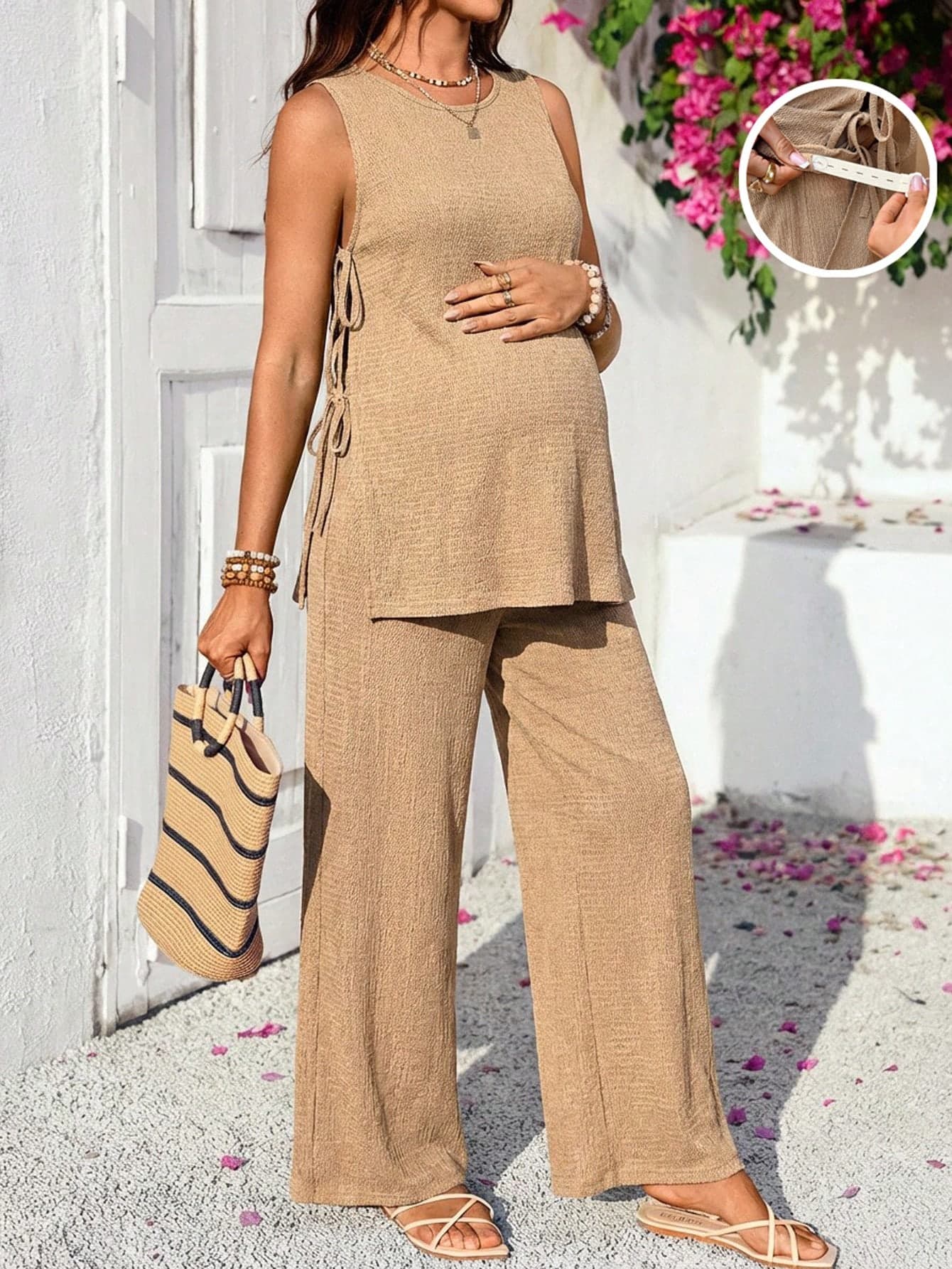 SHEIN 2pcs Maternity Set: Solid Color Round Neck Twist Front Top And Adjustable Waist Wide Leg Pants, Casual Daily Wear