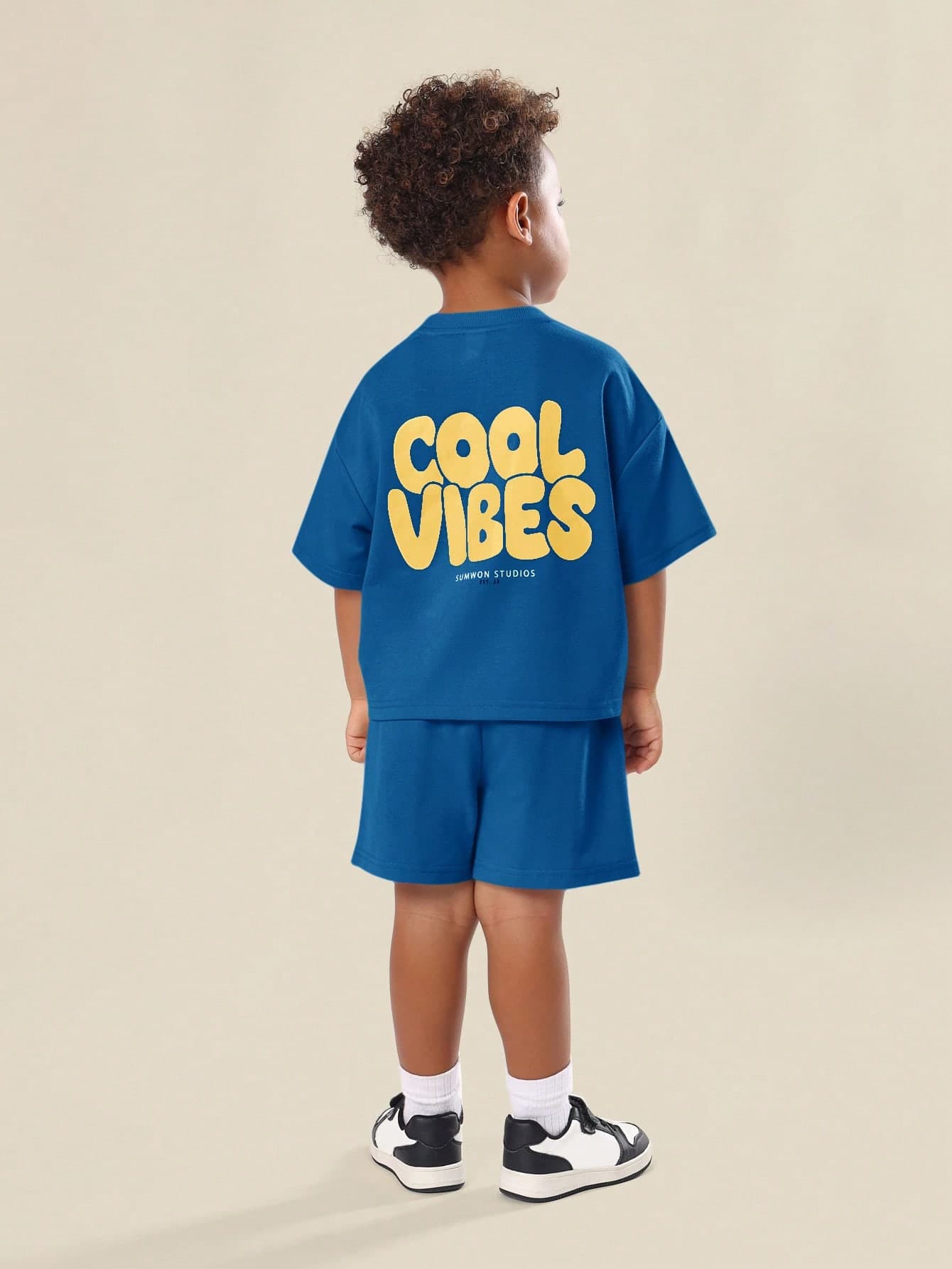SUMWON Boys Blue Cool Vibes Oversized T-Shirt And Shorts Co-Ord Set Summer Casual Outfit With Yellow Text Print