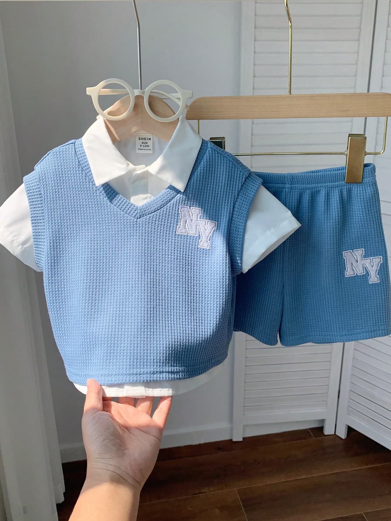 SHEIN 3pcs Baby Boy Outfit Set,Blue White Stripe,Summer Casual,Page Boy Back-To-School Clothes,Sleeveless Vest,Short Sleeve Cardigan&Shorts Set For Toddler
