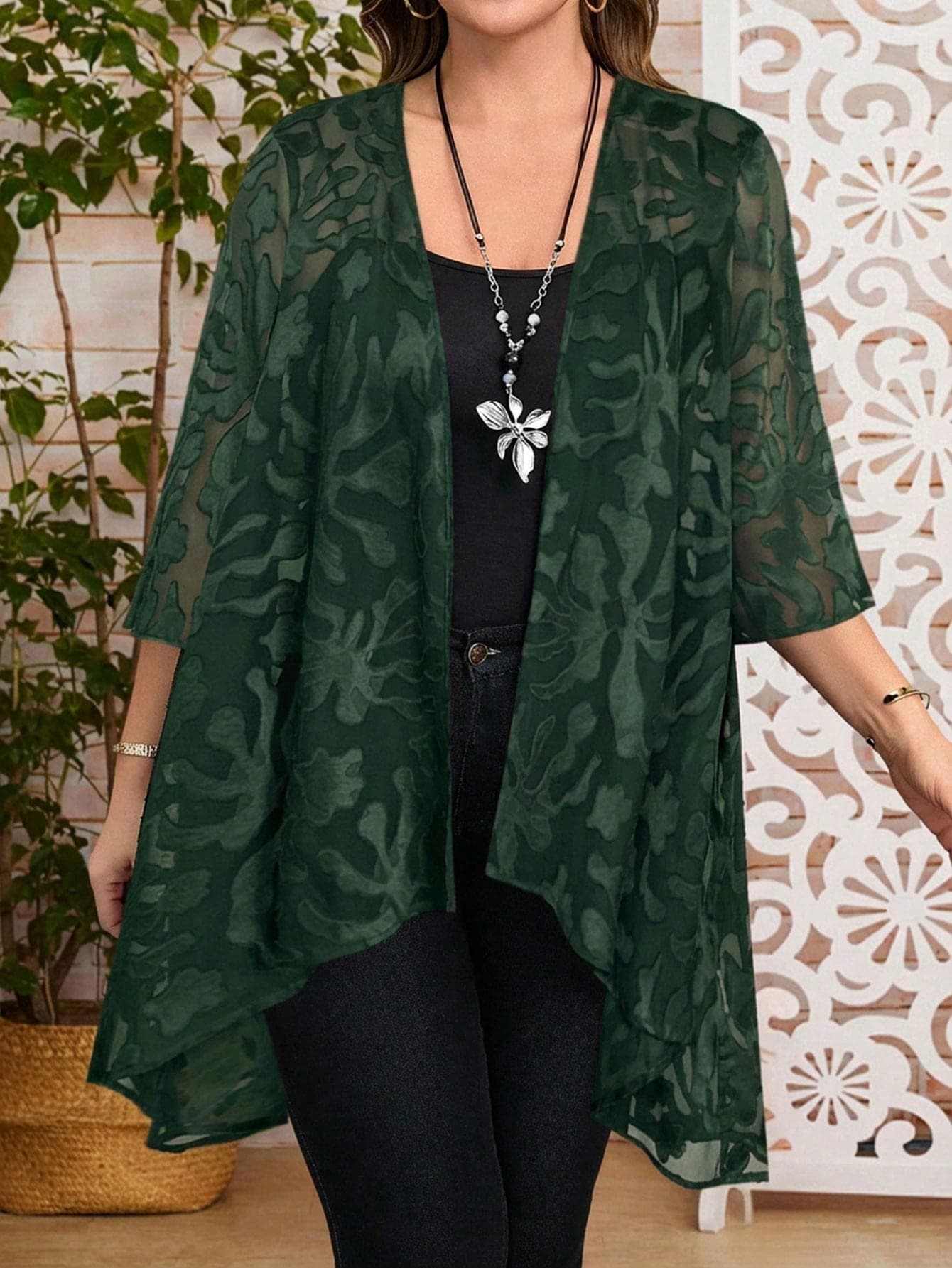 EMERY ROSE Plus Size Women's Jacquard 3/4 Sleeve Open Front Casual Coat,Dark Green,Autumn,Elegant, Vacation,Bohemian Festival Beach