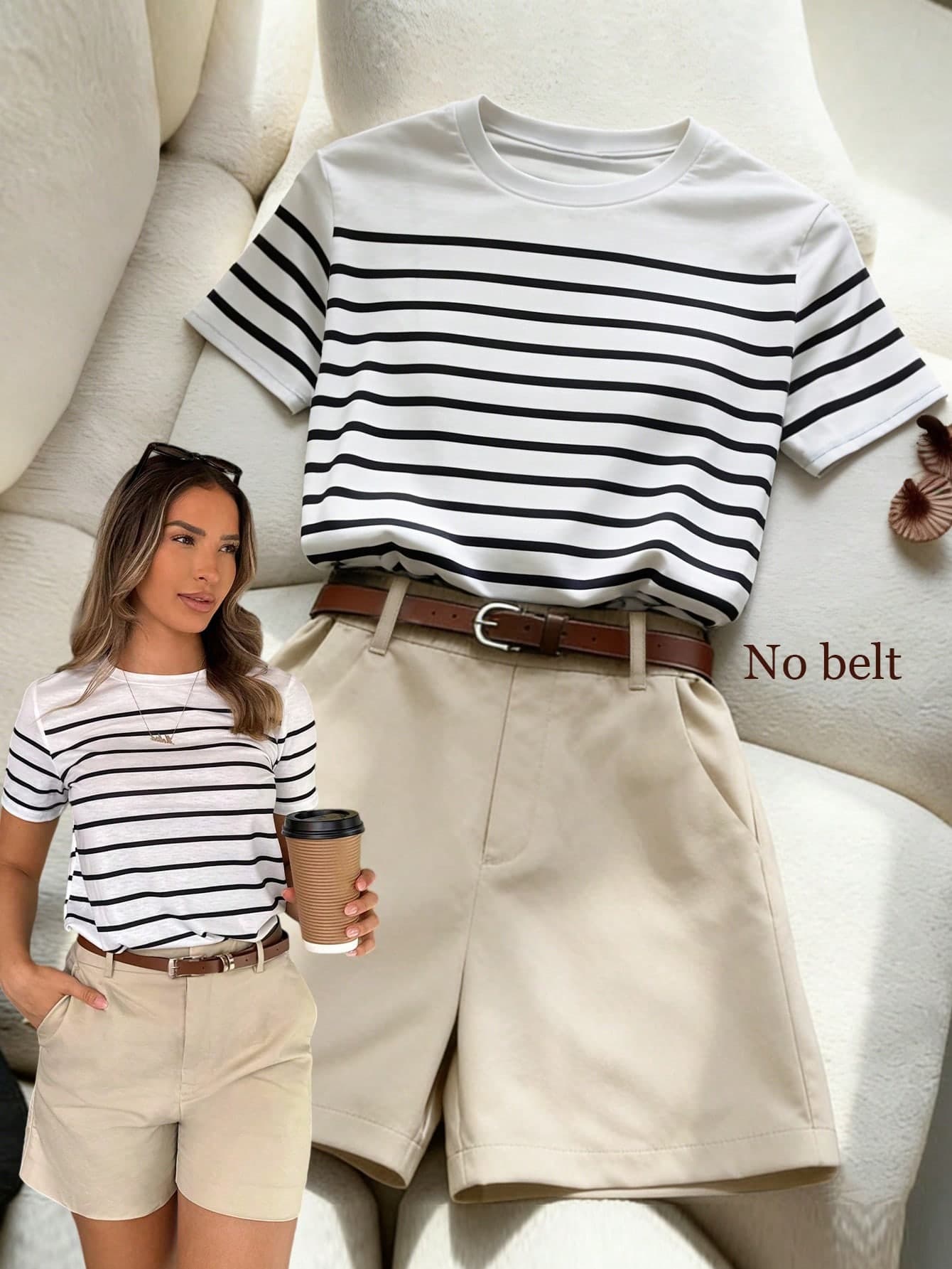 Franclia Women's Striped Round Neck Short Sleeve Top And Pocket Shorts 2 Pieces Casual Set