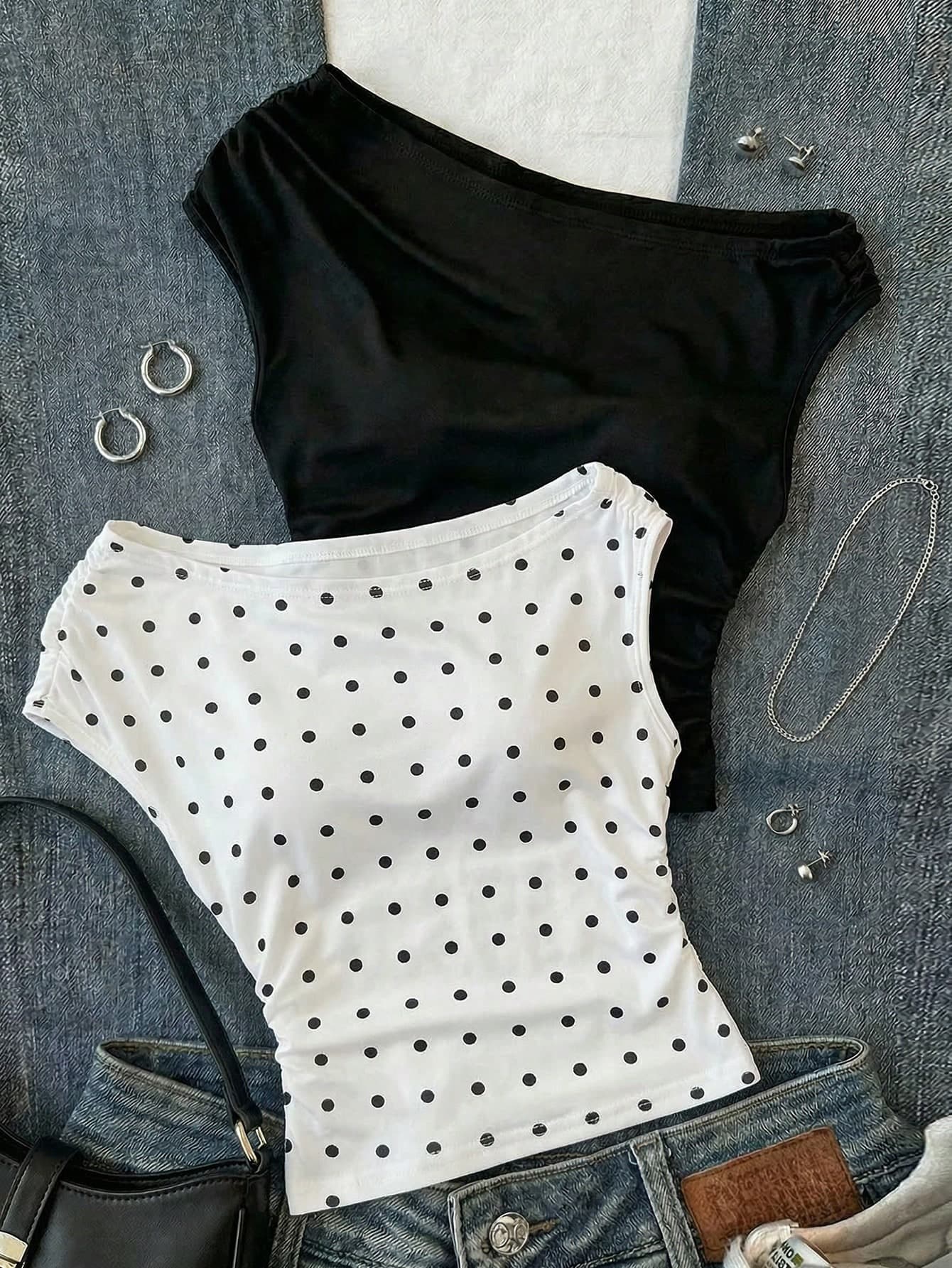 SHEIN 2pcs/Set Teen Girl Black & White Knit Casual Ruched Asymmetric Shoulder Fitted Cropped Tops,Fashion Summer Polka Dot Two Pieces Set For Party
