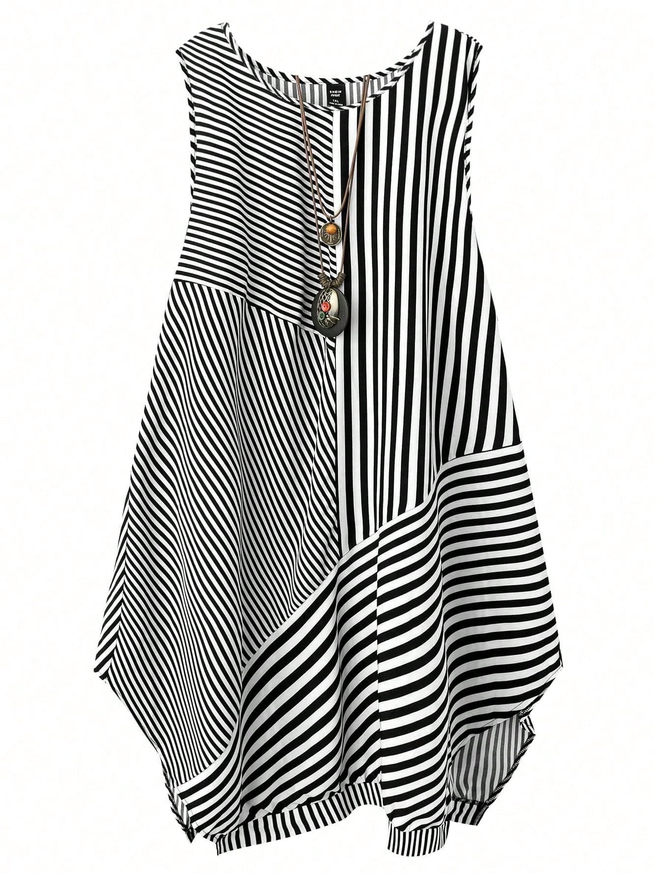 SHEIN Plus Size Women Summer Casual Bohemian Holiday Style Patchwork Striped Print Asymmetric Hem Sleeveless Loose Dress