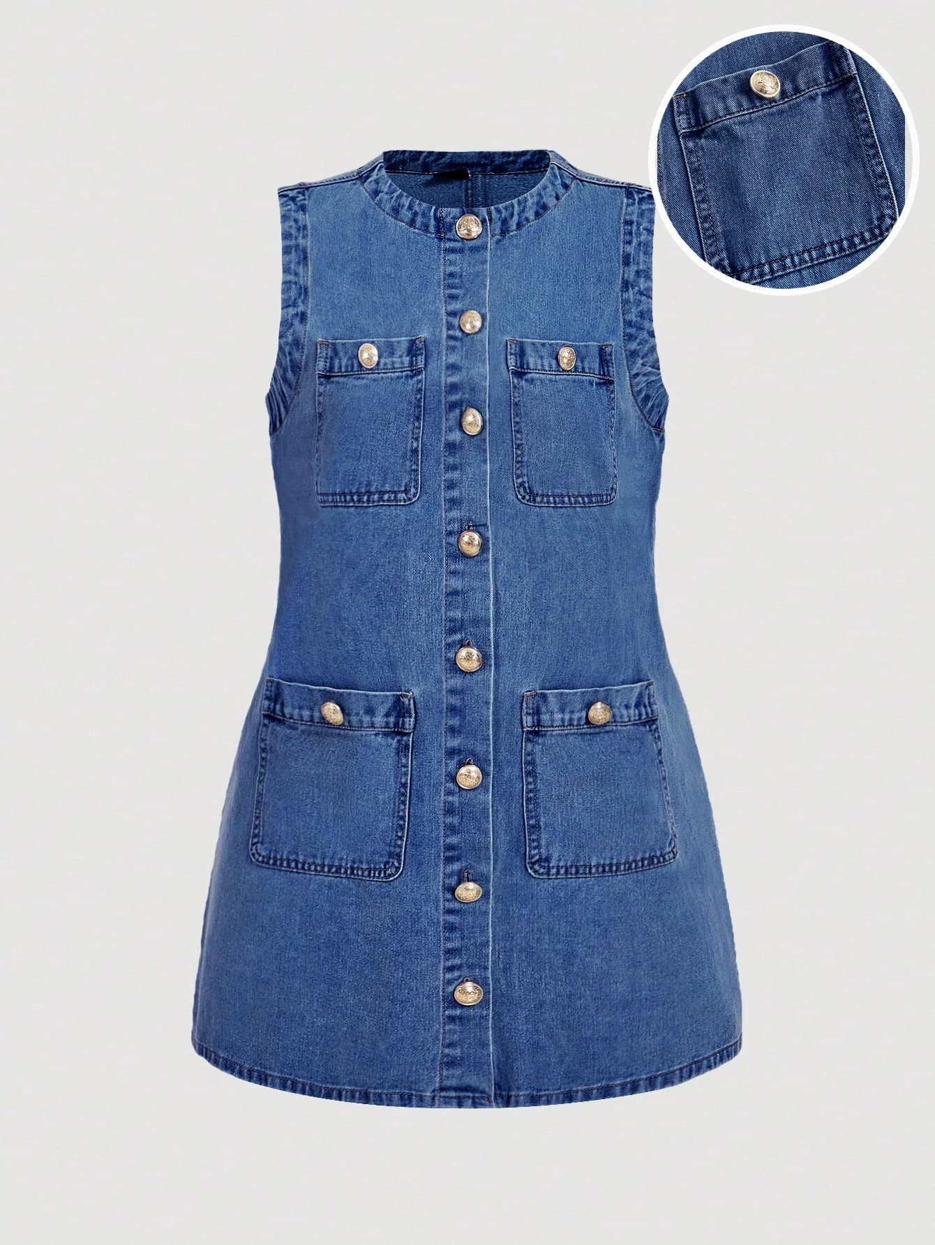 SHEIN MOD Plus Size Denim Sleeveless Mini Dress, Casual Fitted, Blue