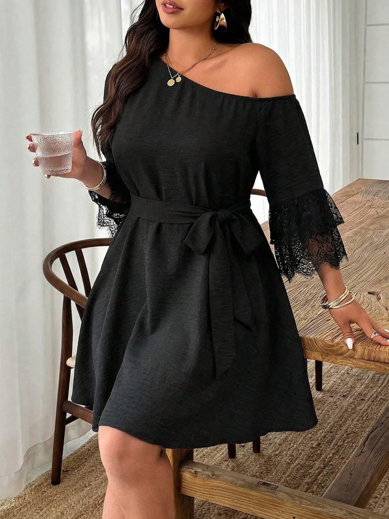 Weeklong Plus Size Women's Spring/Summer Asymmetric Collar Open Shoulder Lace Patchwork Ruffle Sleeve Tie Waist A-Line Short Dress