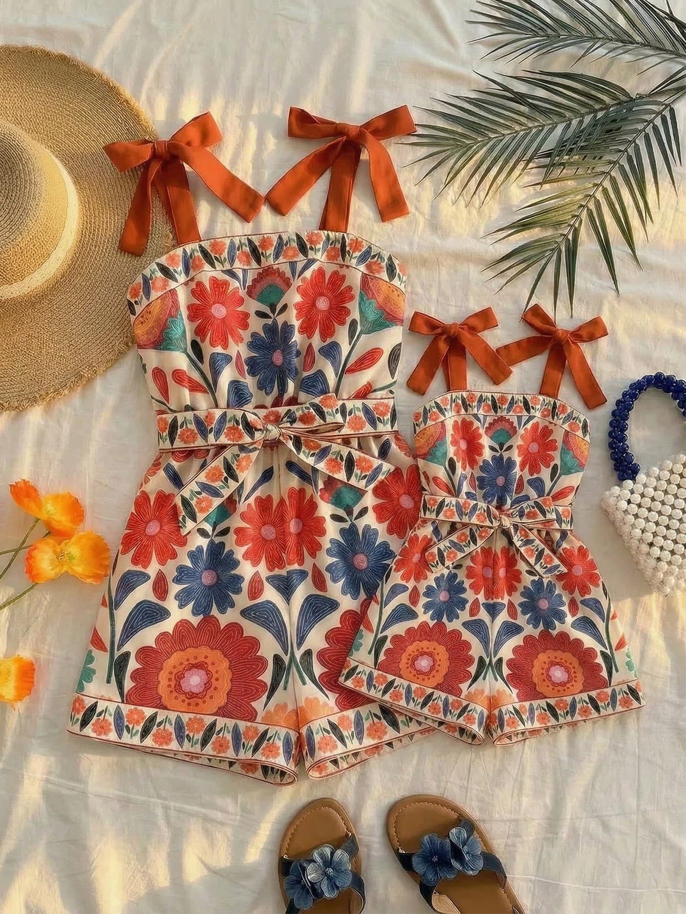 SHEIN Mommy And Me Matching Blue Butterfly Summer Beach Holiday Outfits,Ditsy Floral Ruffle Trim Strapless Jumpsuit With Bow Straps,Kids Tropical Romper