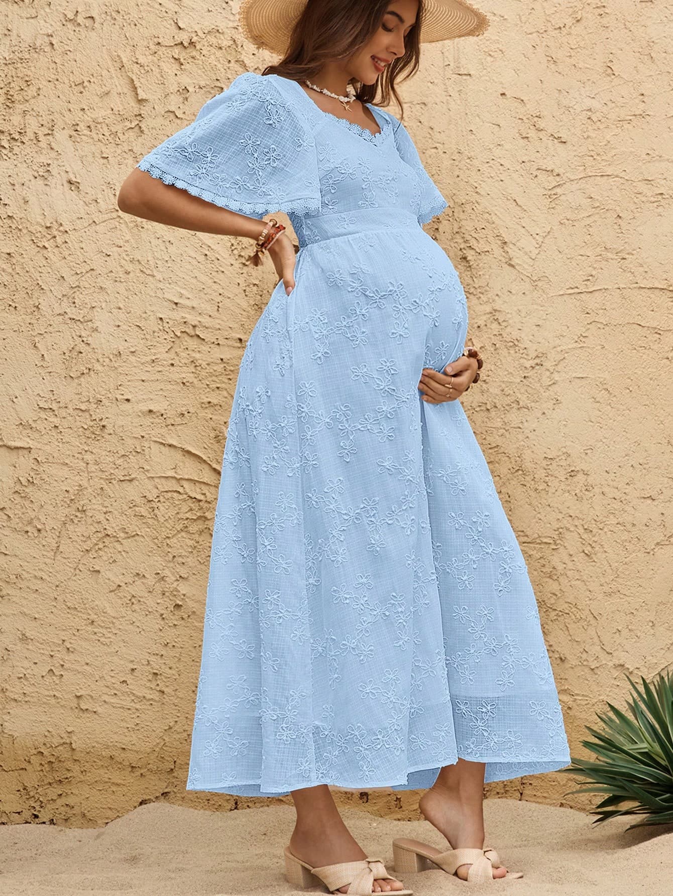 Boho Mama Zanzea Light Blue Summer Maternity Boho Holiday Embroidered Sweetheart Neck Ruffle Sleeve Elegant Dress For Baby Shower Photoshoot Plus Size Party