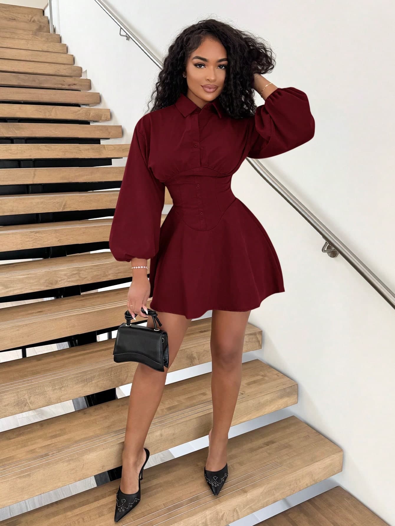 Alexandranx Women's Fitted Long Sleeve Burgundy Shirt Dress With Puff Sleeves,Oversized Women Shirt,Button Up Women Shirt,Shirt Collared Dress,Red Dress,Christmas,New Year Dress