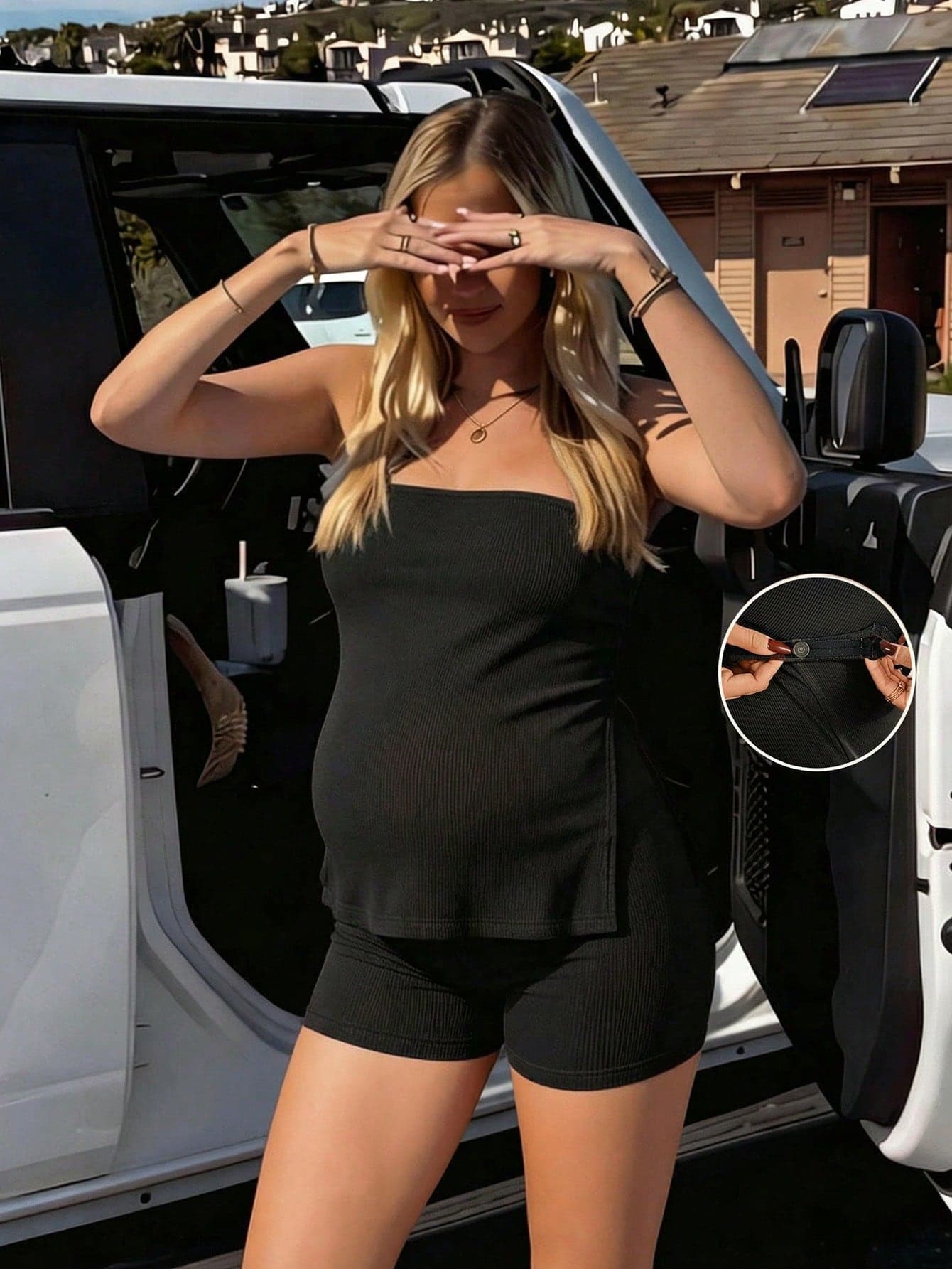 SHEIN 2pcs Maternity Solid Color Tube Top And Adjustable Waist Shorts Set World Cup