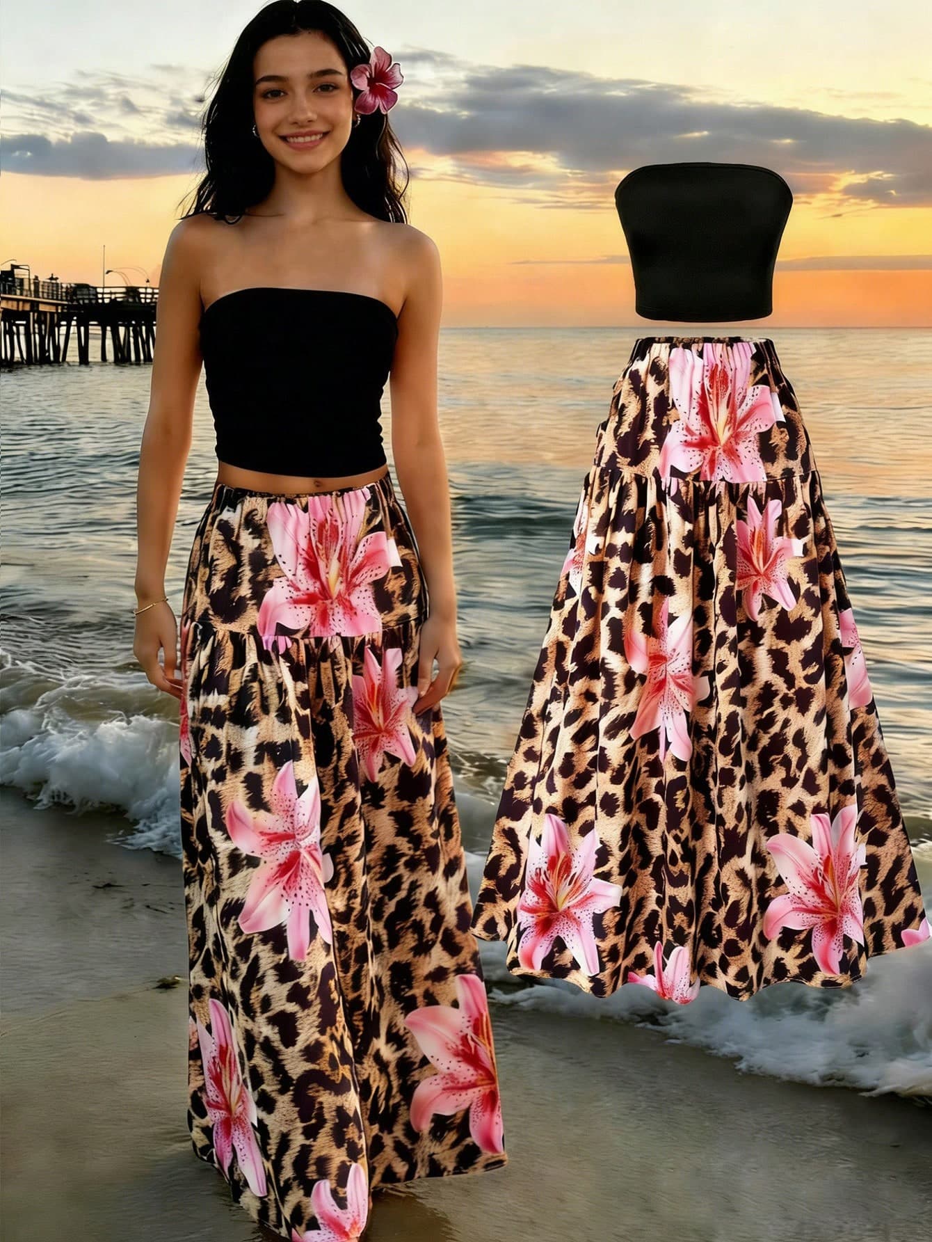 Sparklyn Teen Girls Black Bandeau Top & Leopard Pink Floral High Waist Skirt Set,Black And White,Summer,Beach Vacation,Holiday Vintage Sweet Edgy Outfit