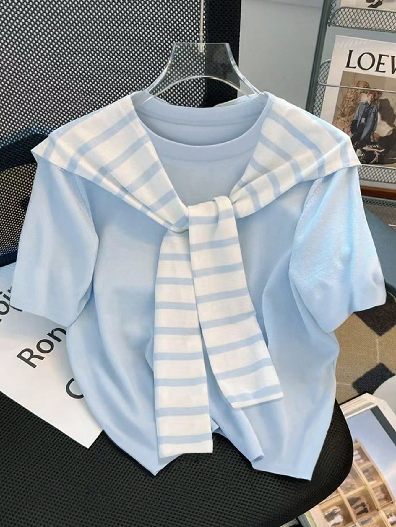 Franclia Women's 2 In 1 Light Blue Round Neck Short Sleeve T-Shirt