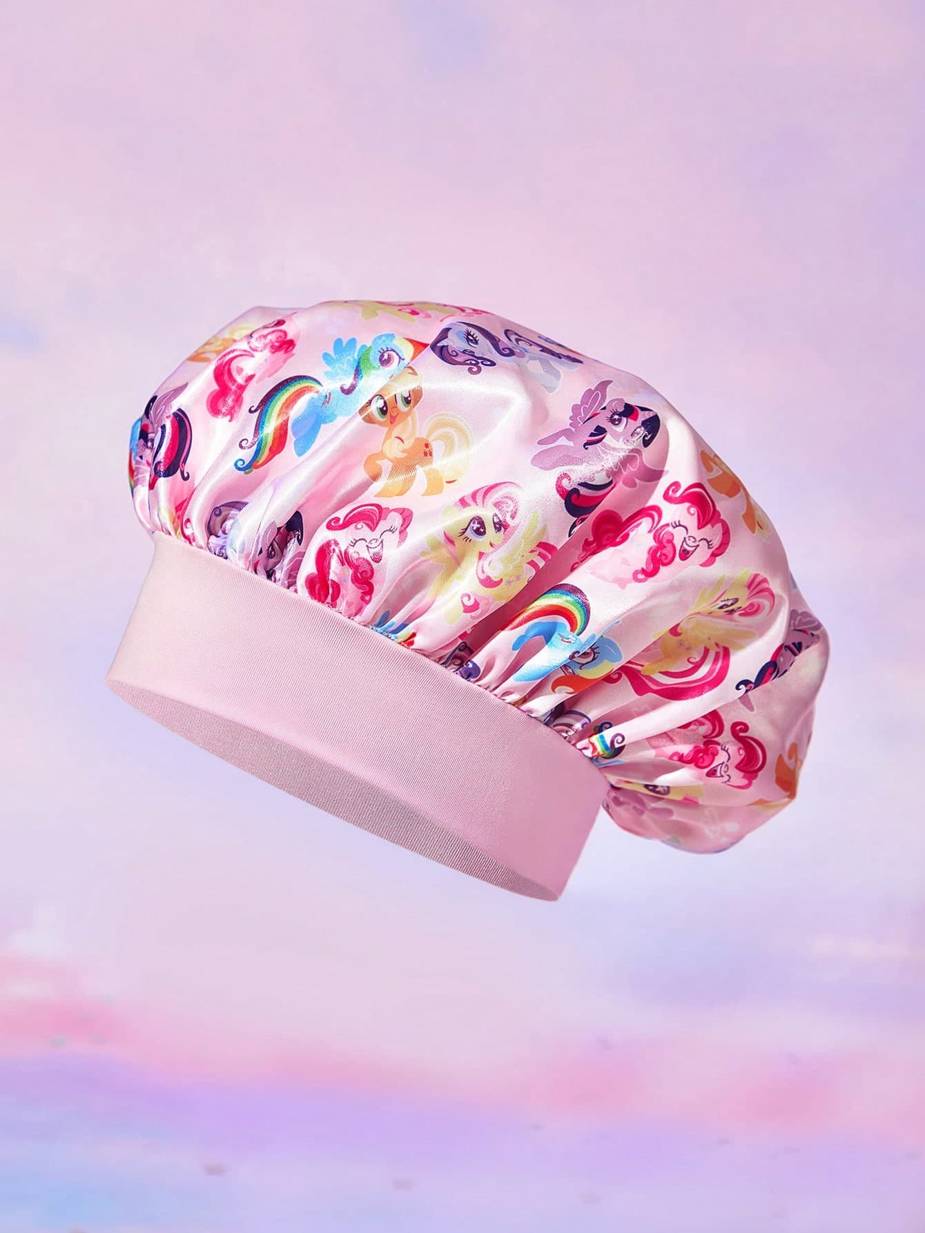 My Little Pony X SHEIN Upgraded Double-Layer Women's Pink Sminple Hair Care Cap, Wide Elastic Satin Cute Cartoon Print Sleep Cap, Soft & Comfortable For Daily Home, Sleeping,Twilight Sparkle&Pinkie Pie&Rainbow Dash