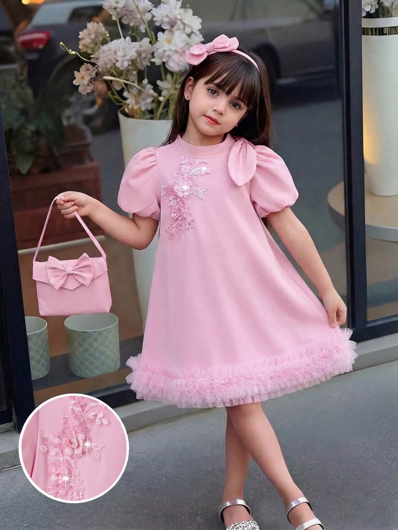 Elladie kids Young Girls' Elegant Dress With Bow Decor Handbag, Puff Sleeve Big Bow Sequin 3D Flower Mesh Patchwork Dress
