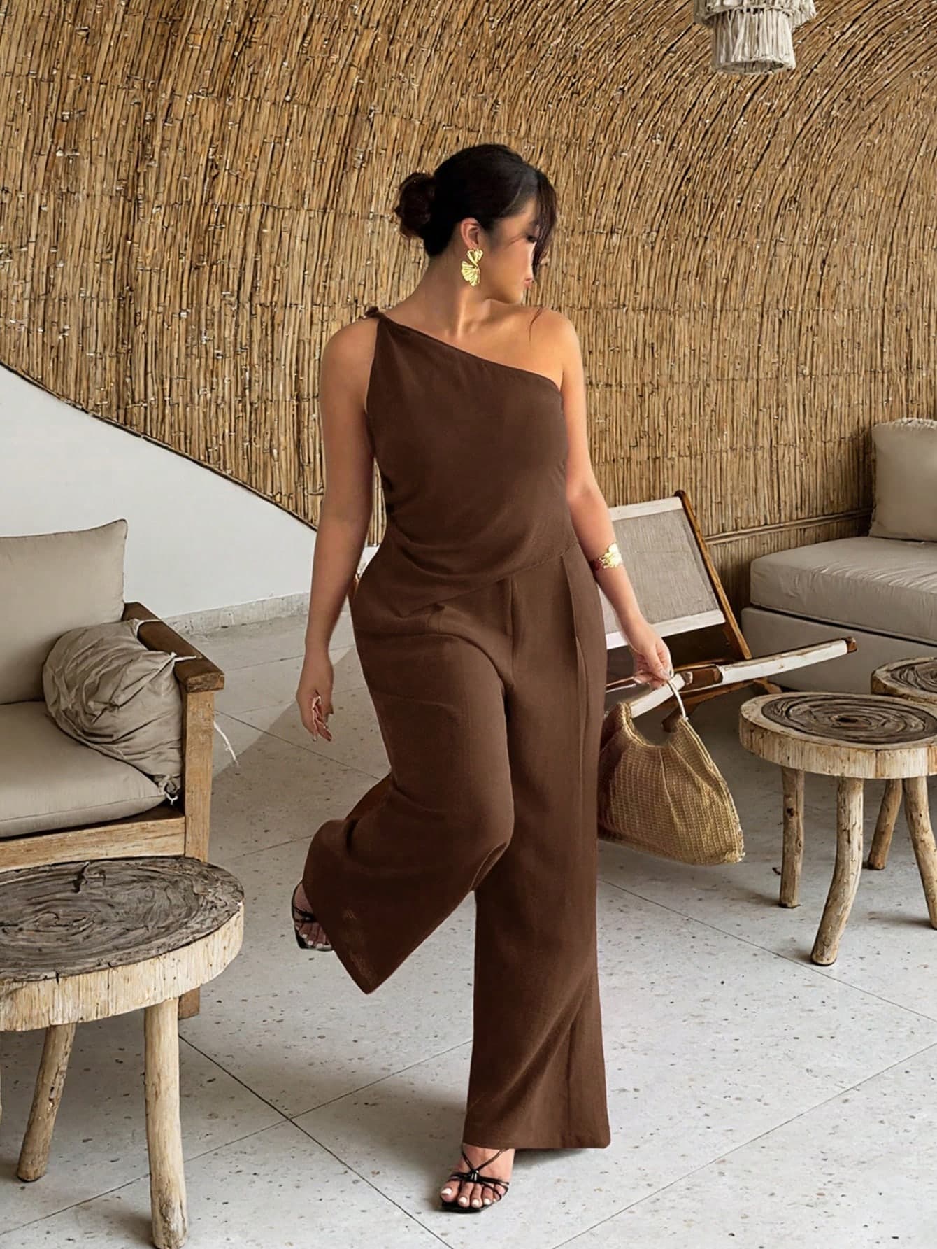 Firerie Plus Size Women's Chocolate Brown Asymmetric Shoulder Top And Elastic Waist Pants Set,Summer Elegant Vacation Holiday Casual Street Style Outfit