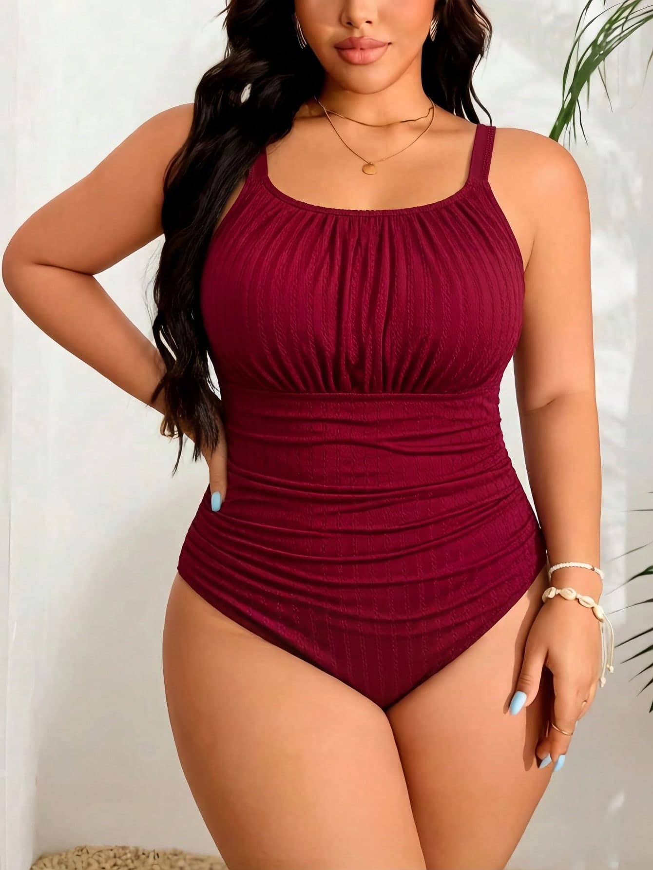 Swim Vcay Plus Size Women's One-Piece Swimsuit Red Summer Classy Satin Beach Holiday Tummy Control Bathing Suit,Full Coverage Solid Color Fabric Yoga Bodysuit