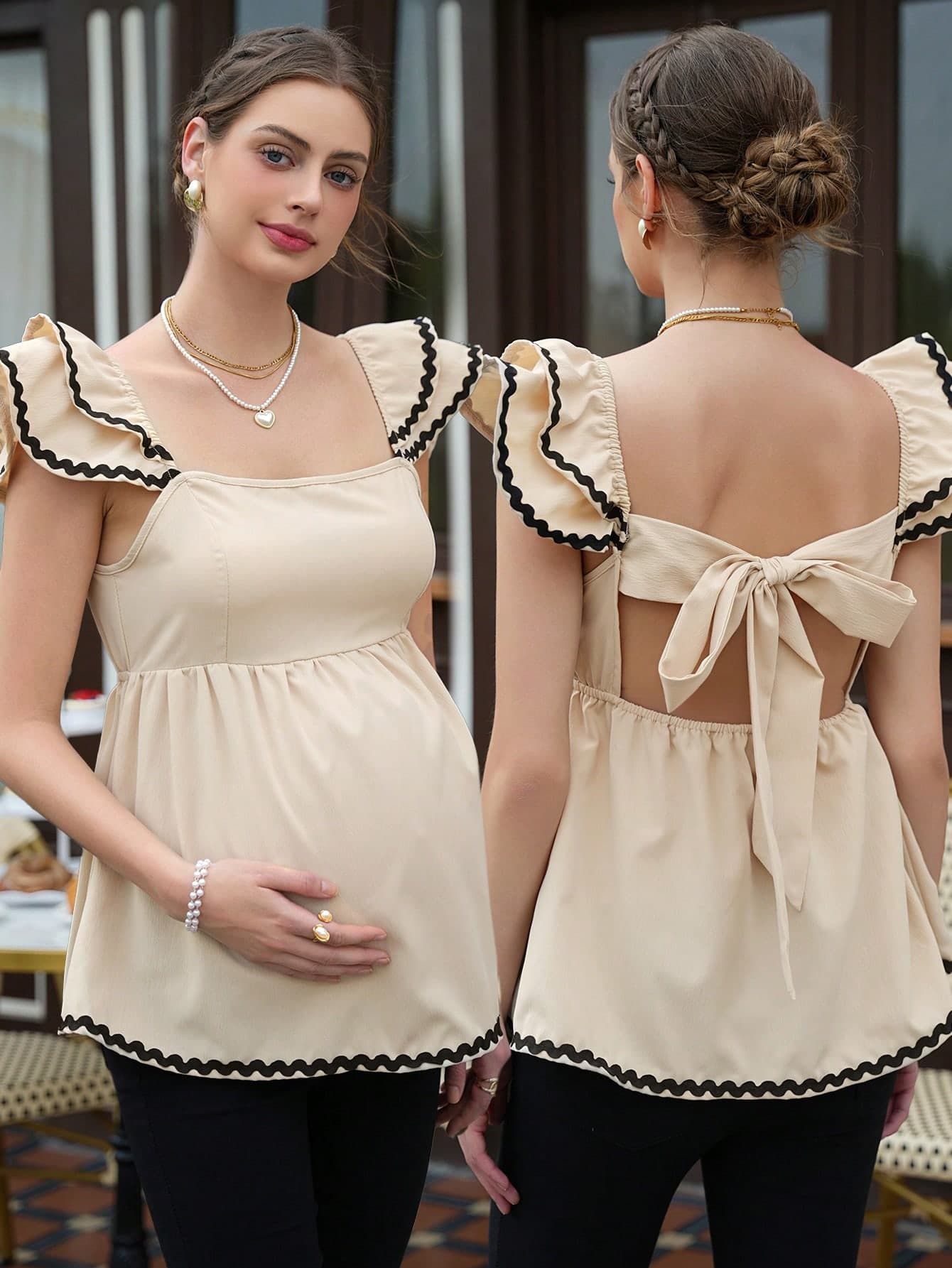 Momance Women's Square Neck Elegant Maternity Tops,Double-Layer Ruffle Sleeve Tie Decor Babydoll Shirt For Pregnancy Clothes,Black And White,Summer,Babyshower