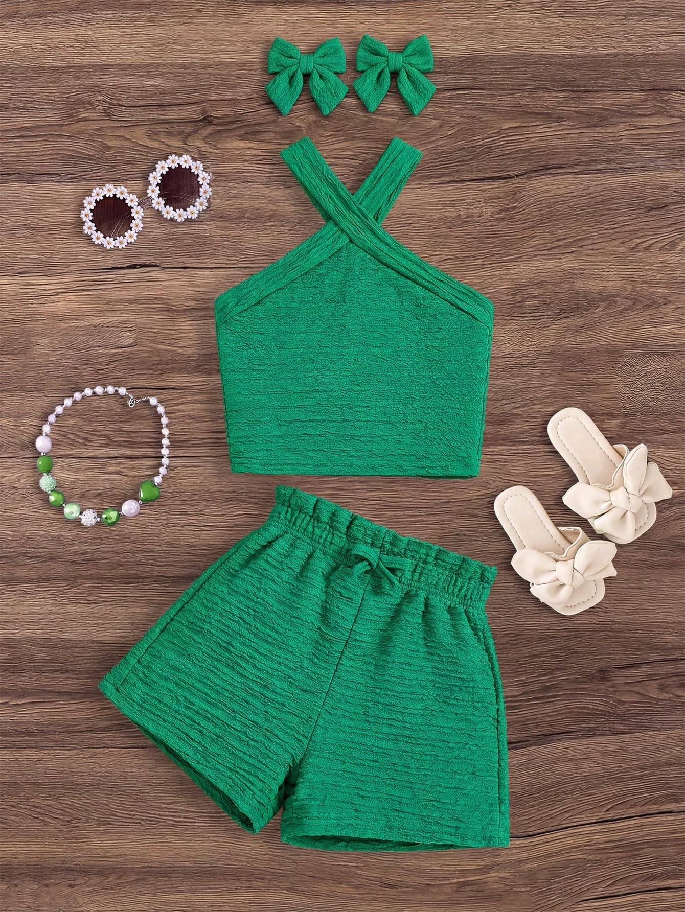 SHEIN 2pcs Young Girl Knitted Solid Color Sleeveless Top And Shorts Set,Kids Green Textured Outfit Girls Two Piece Outfits Halter Summer For Sets