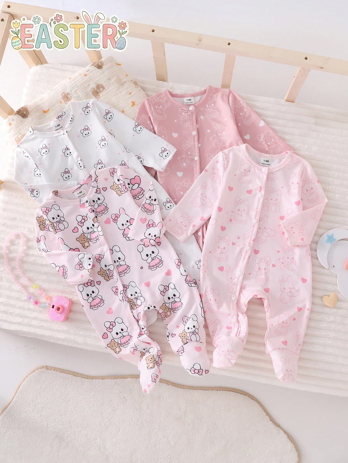 SHEIN 4pcs Newborn Cute Rabbit & Bear Graphic Footie Pajamas, Pink & White