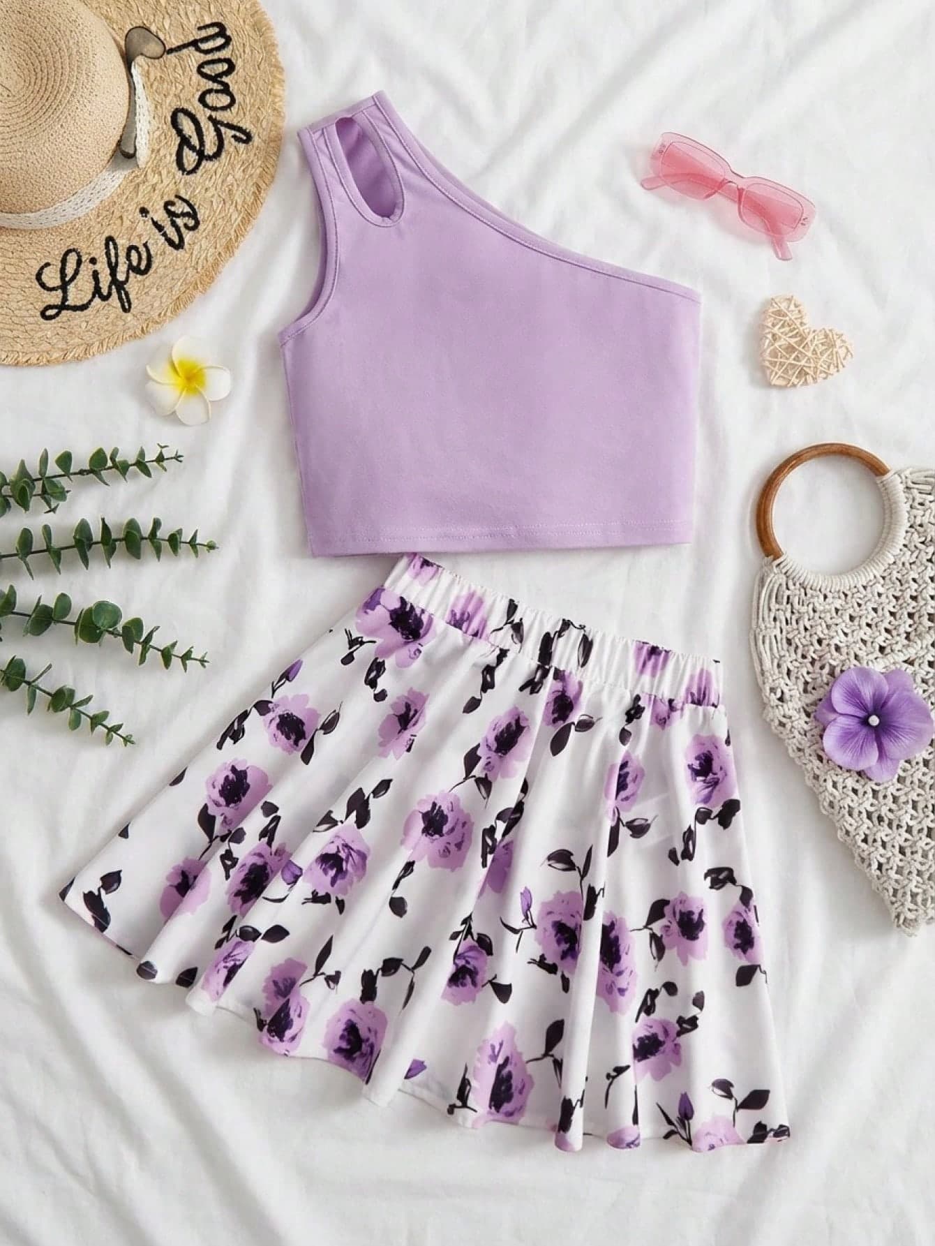 SHEIN Tween Girl One Shoulder Cut Out Top & Floral Print Skirt