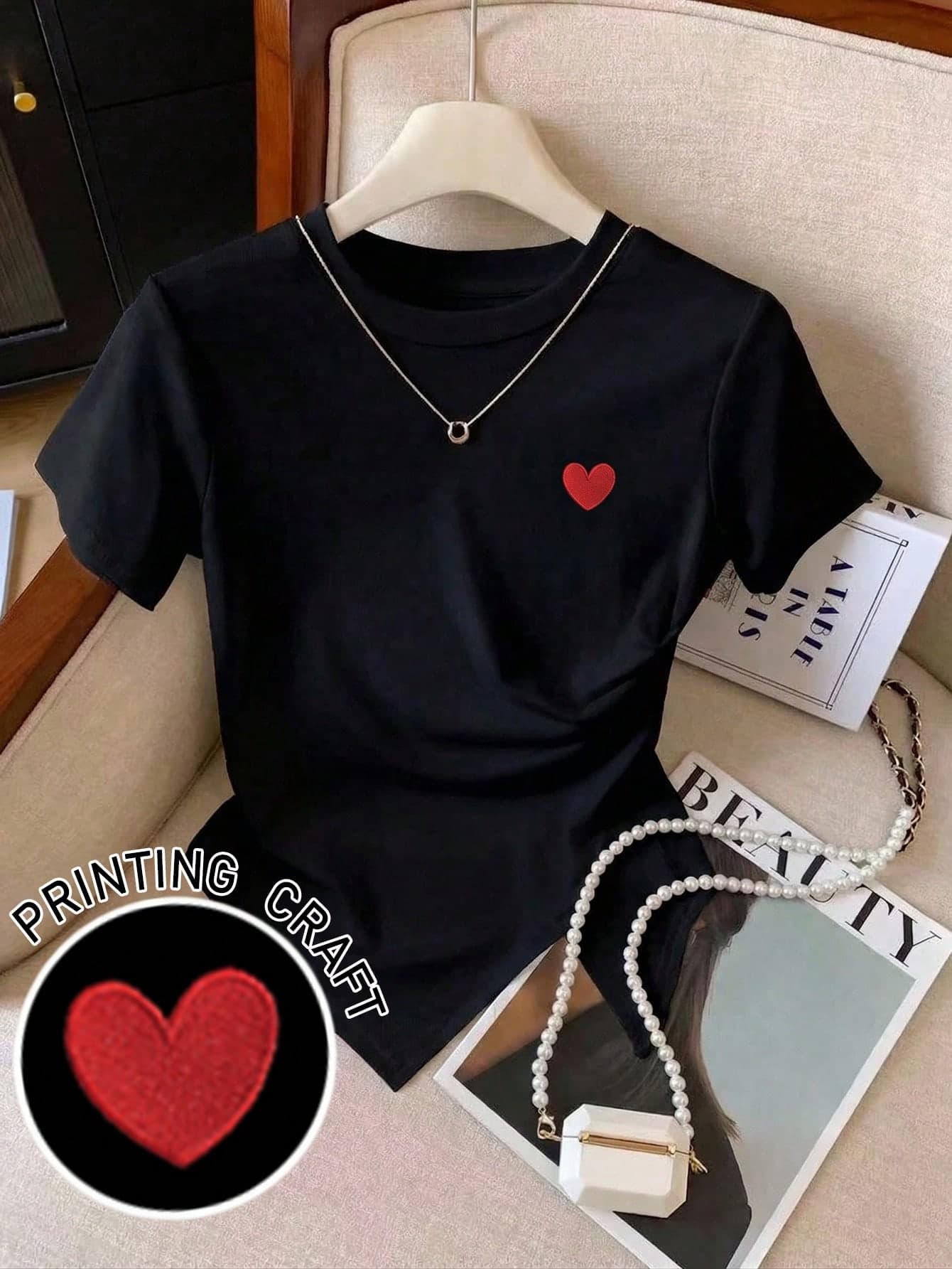 GlowEve Women's Heart Embroidery Round Neck Short Sleeve Casual Cute Graphic T-Shirt Day Black And Red Summer