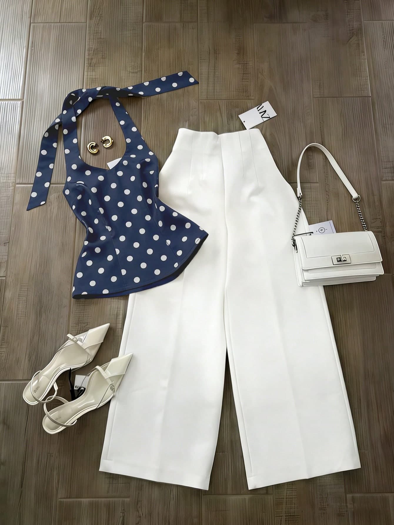 Franclia Women's Polka Dot Print Backless Halter Top And Pants 2 Pieces Set