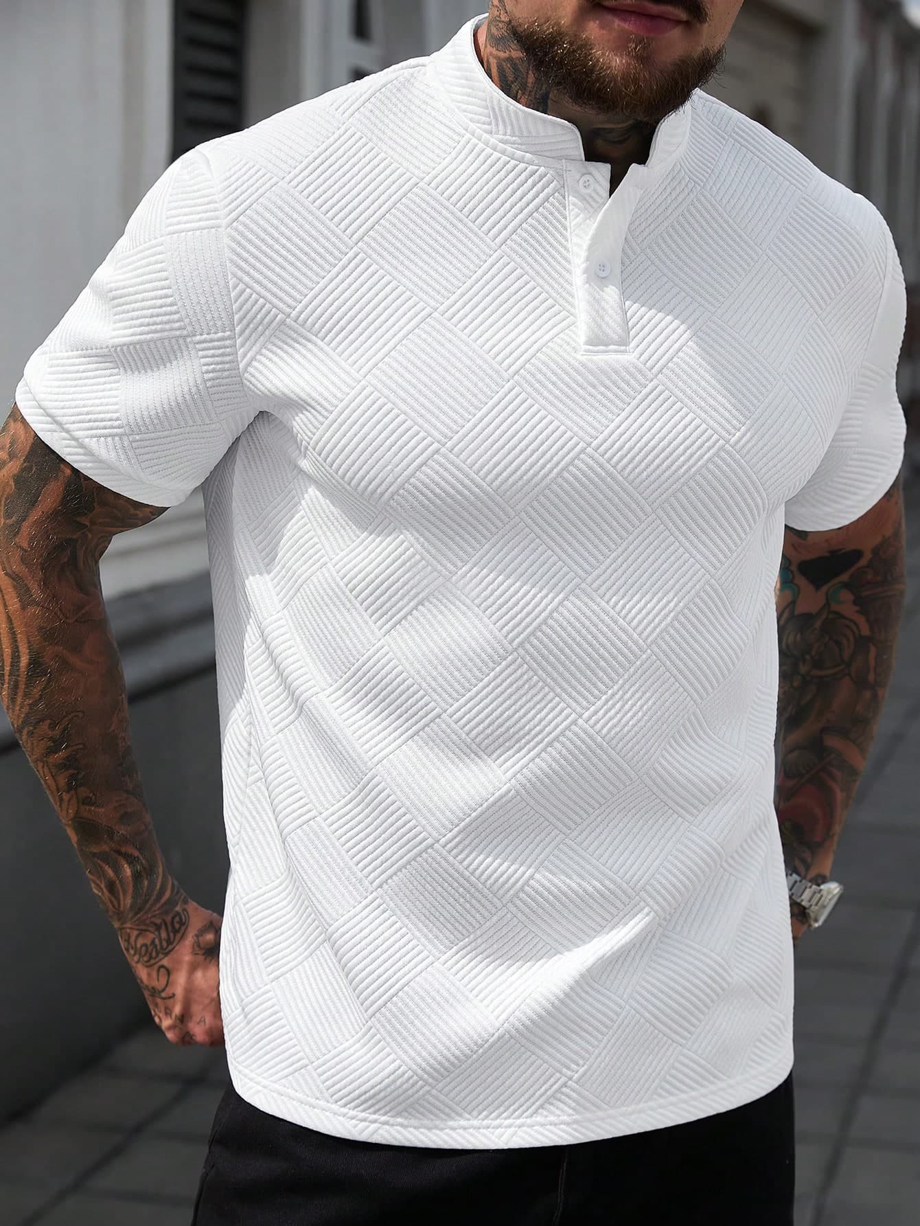 Manfinity CasualCool Men's White Short Sleeve Polo Shirt,Summer Casual Vacation Retro Stand Collar Fitted Tee With Geometric Pattern Button Placket,Old Money Vintage Top, Formal