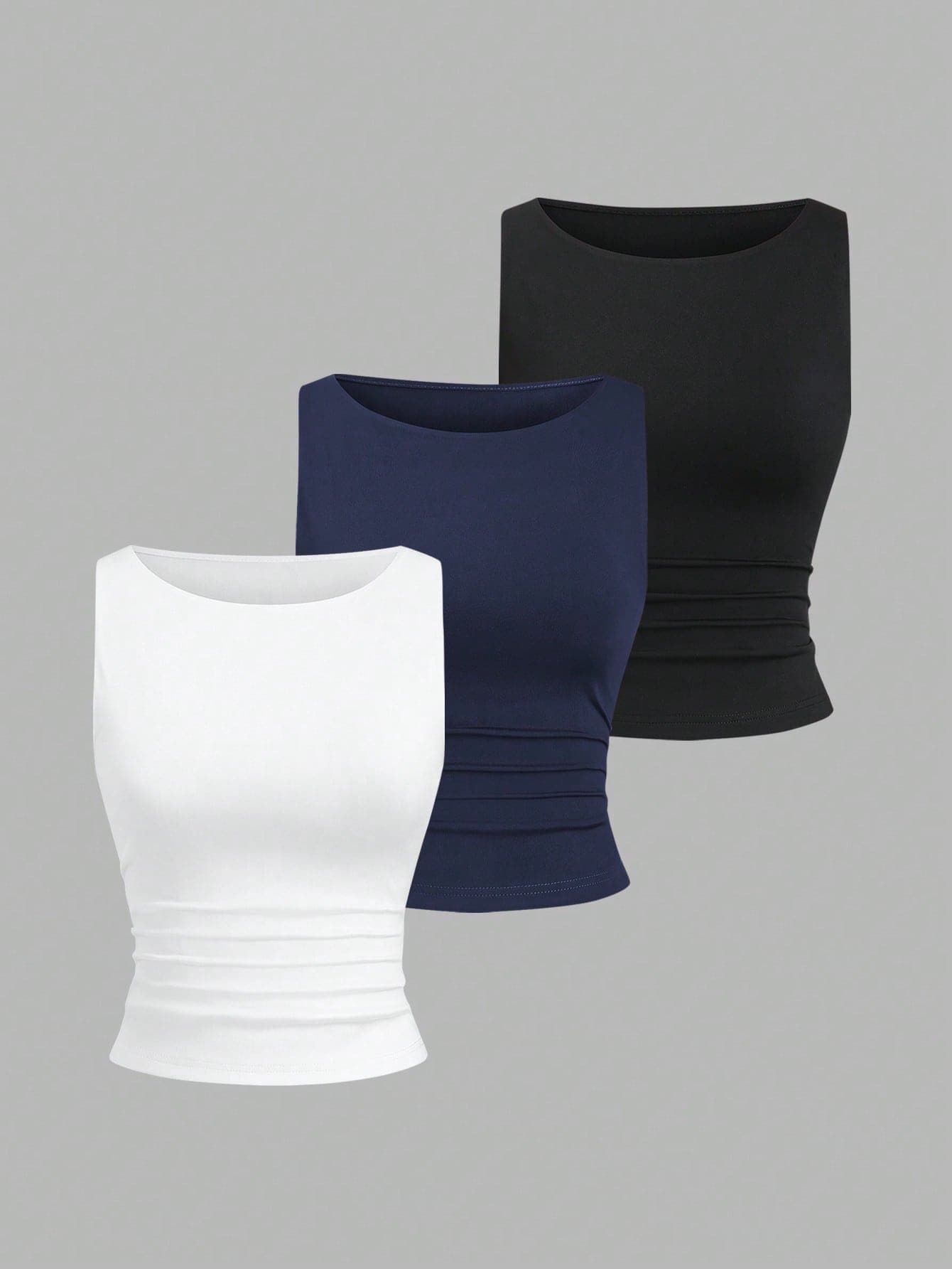 Sweetra Women's Solid Color Pleated Casual Scoop Neck Tank Top Set