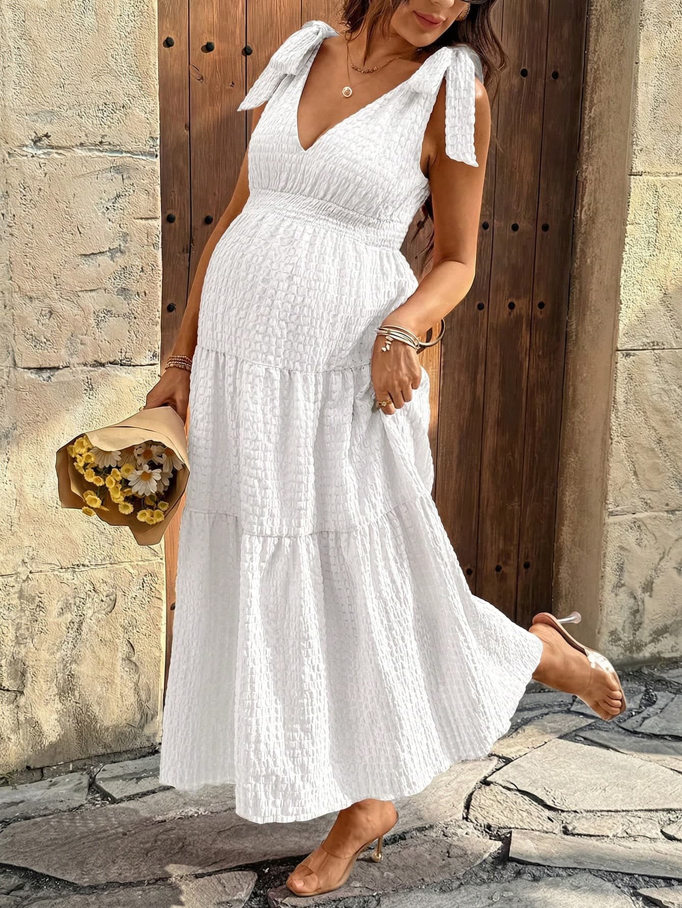 Lyckli Maternity Solid Color Twist Shoulder Ruffle Hem Sleeveless Dress For Vacation