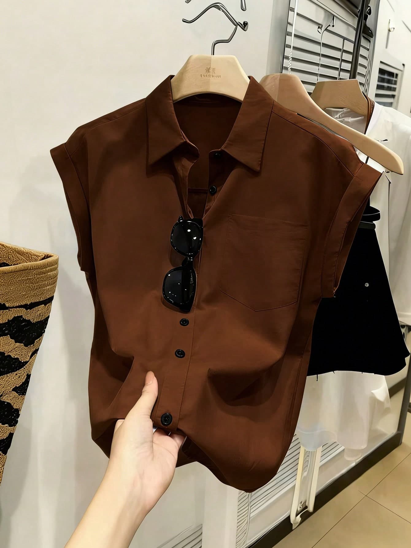 SHEIN Franclia Coffee Brown Woven Fabric Short Sleeve Blouse For Women Button Down Casual Shirt With Collar And Pockets