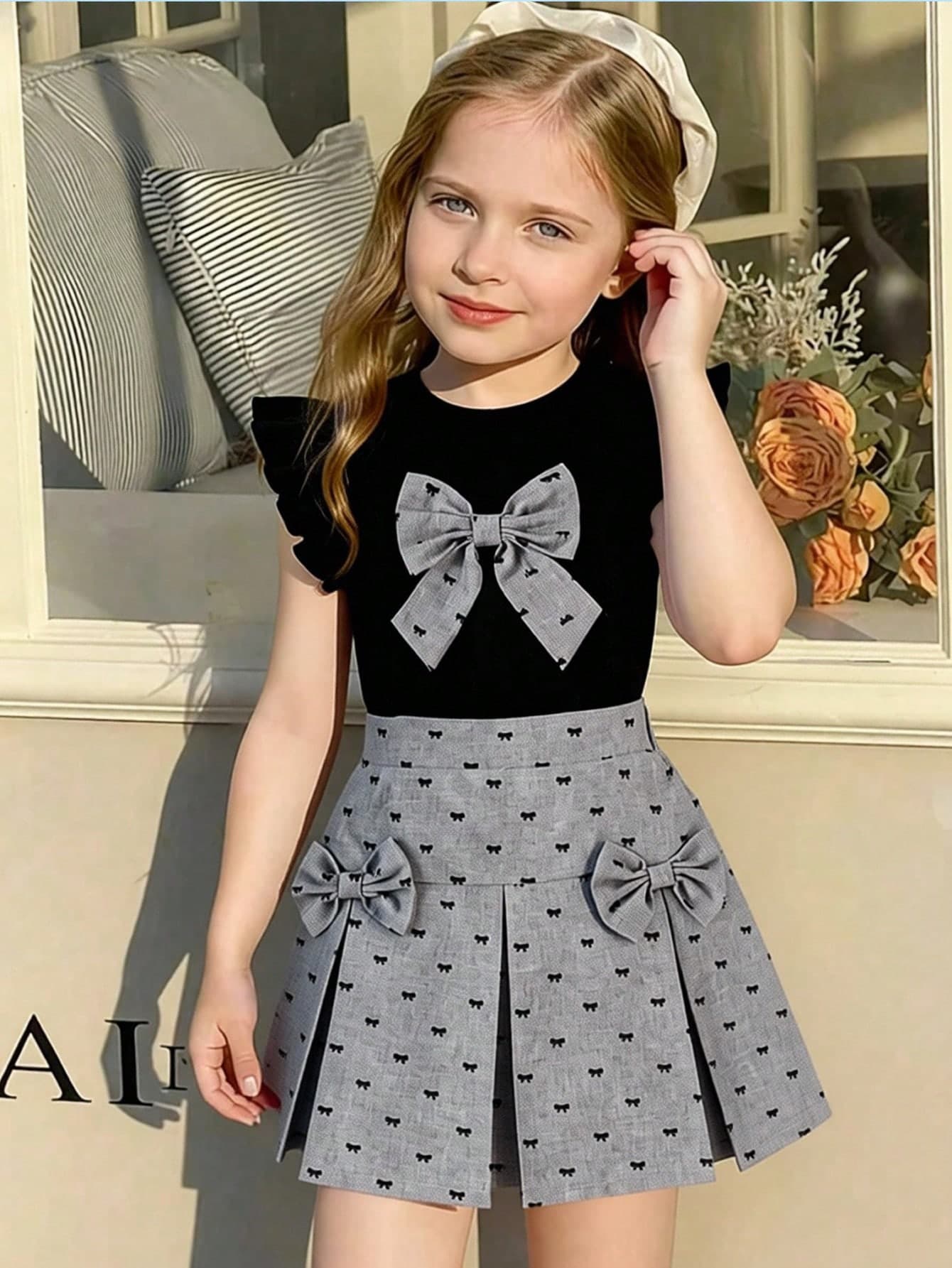 Elladie kids 2pcs/Set Toddler Girls' Black Jacquard Knit Round Neck Flare Sleeve T-Shirt & Gray Bow Decor Skirt,Summer,Family Matching,Back-To-School Party Outfit