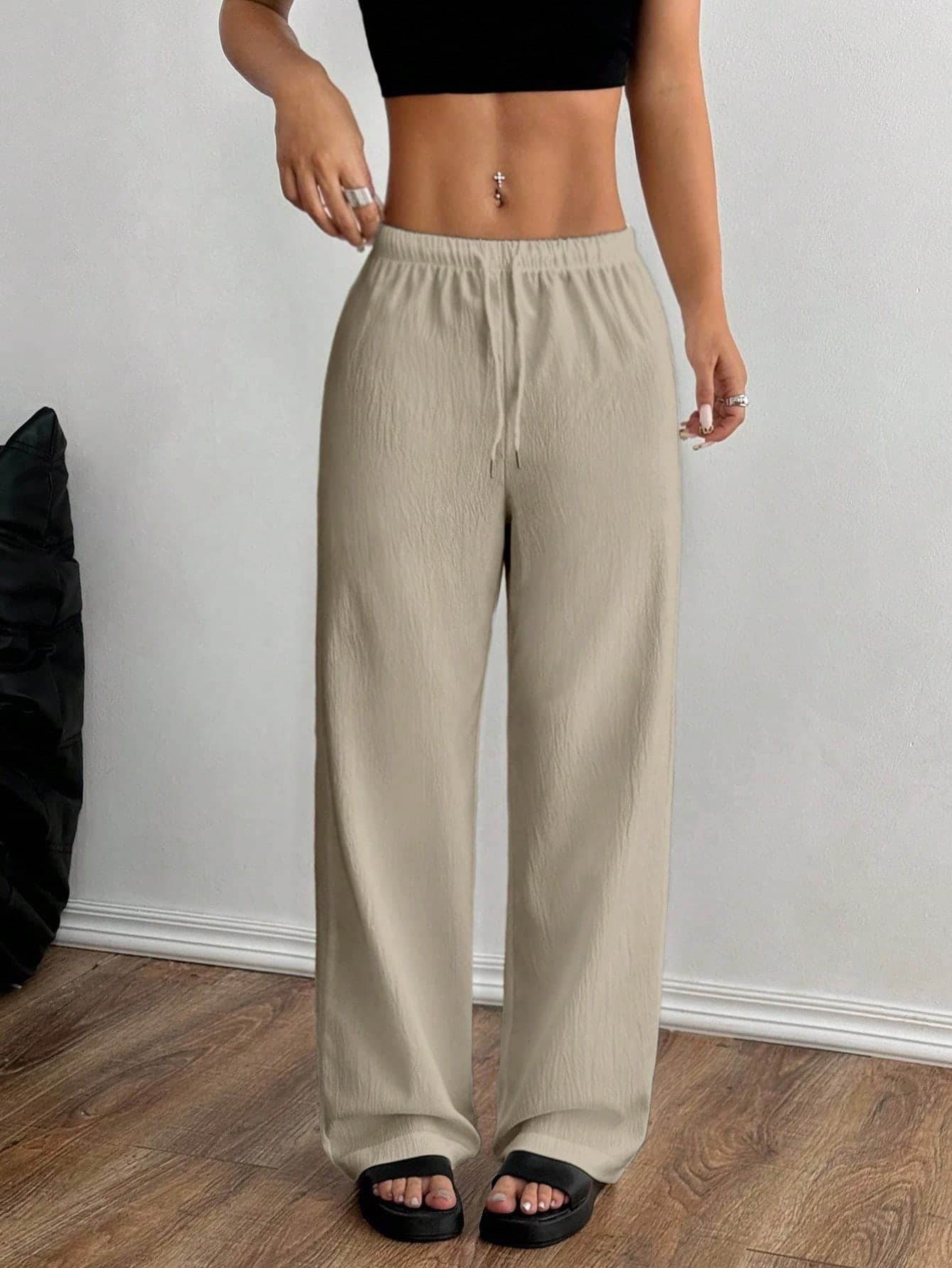 SHEIN Unity Women's Solid Color Elastic Waist Drawstring Straight Loose Pants ,Petite Women